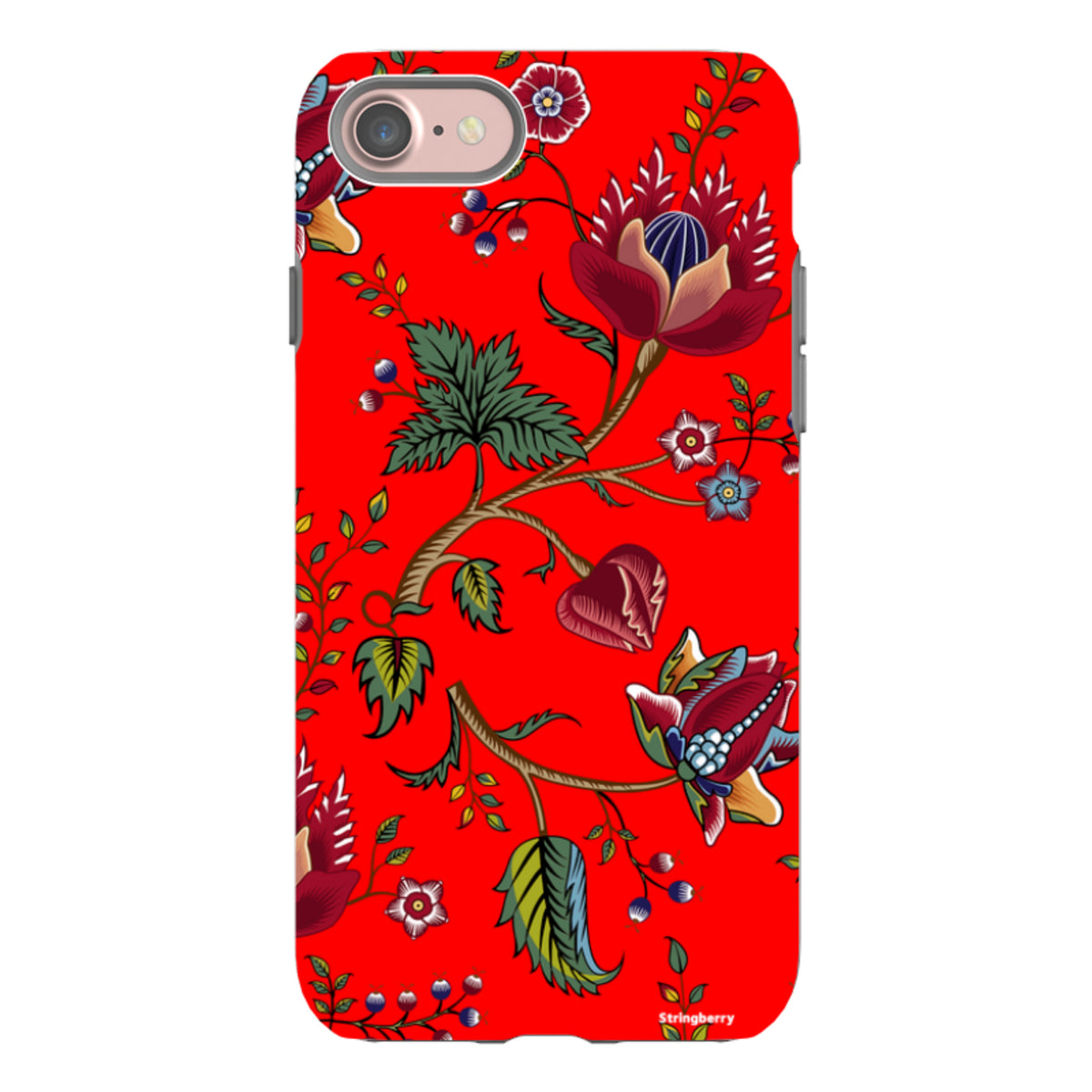 iPhone tough case with a vibrant red background and intricate, colorful floral and botanical folk art pattern.