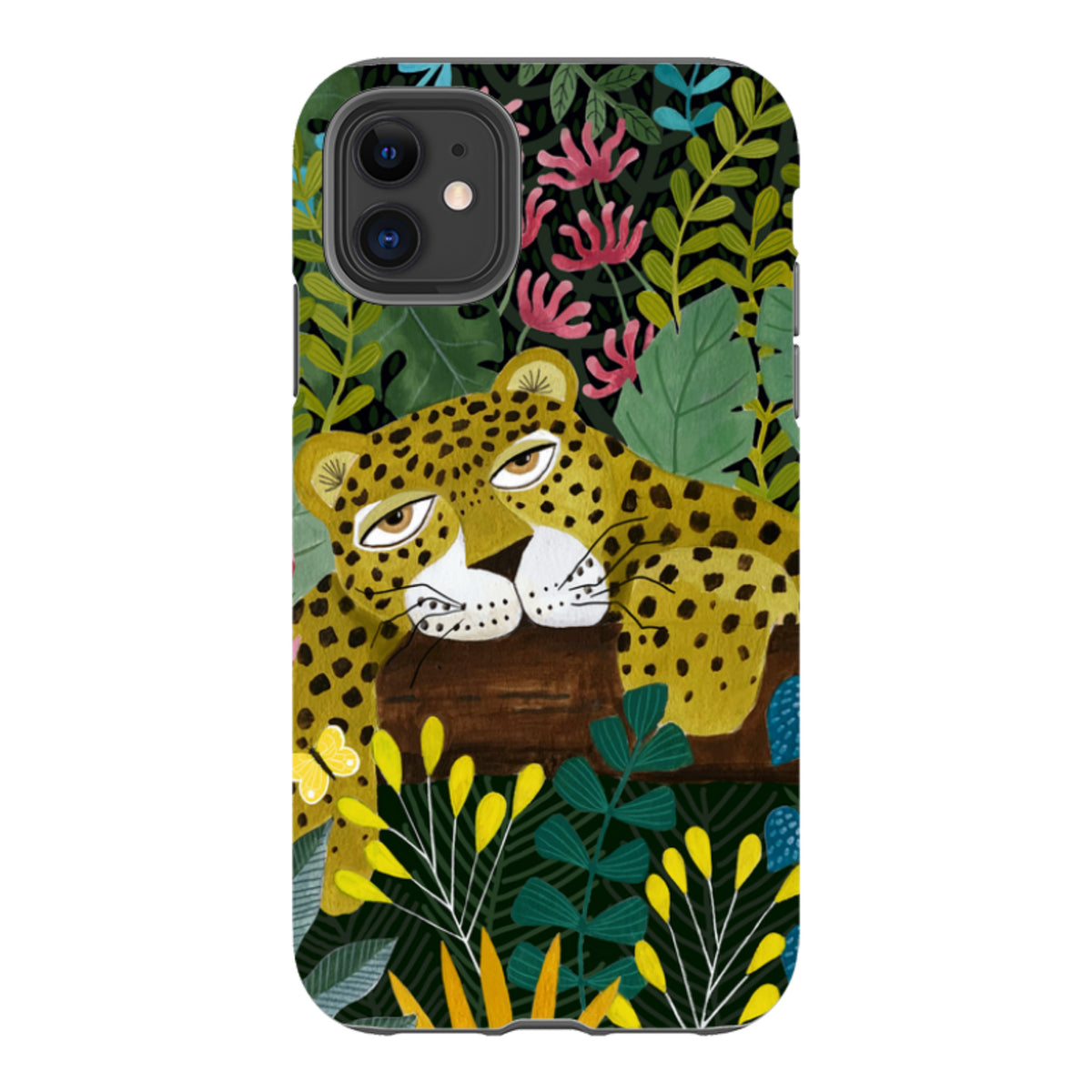 Dual-layer iPhone tough case featuring a sleepy leopard illustration surrounded by colorful tropical jungle foliage.