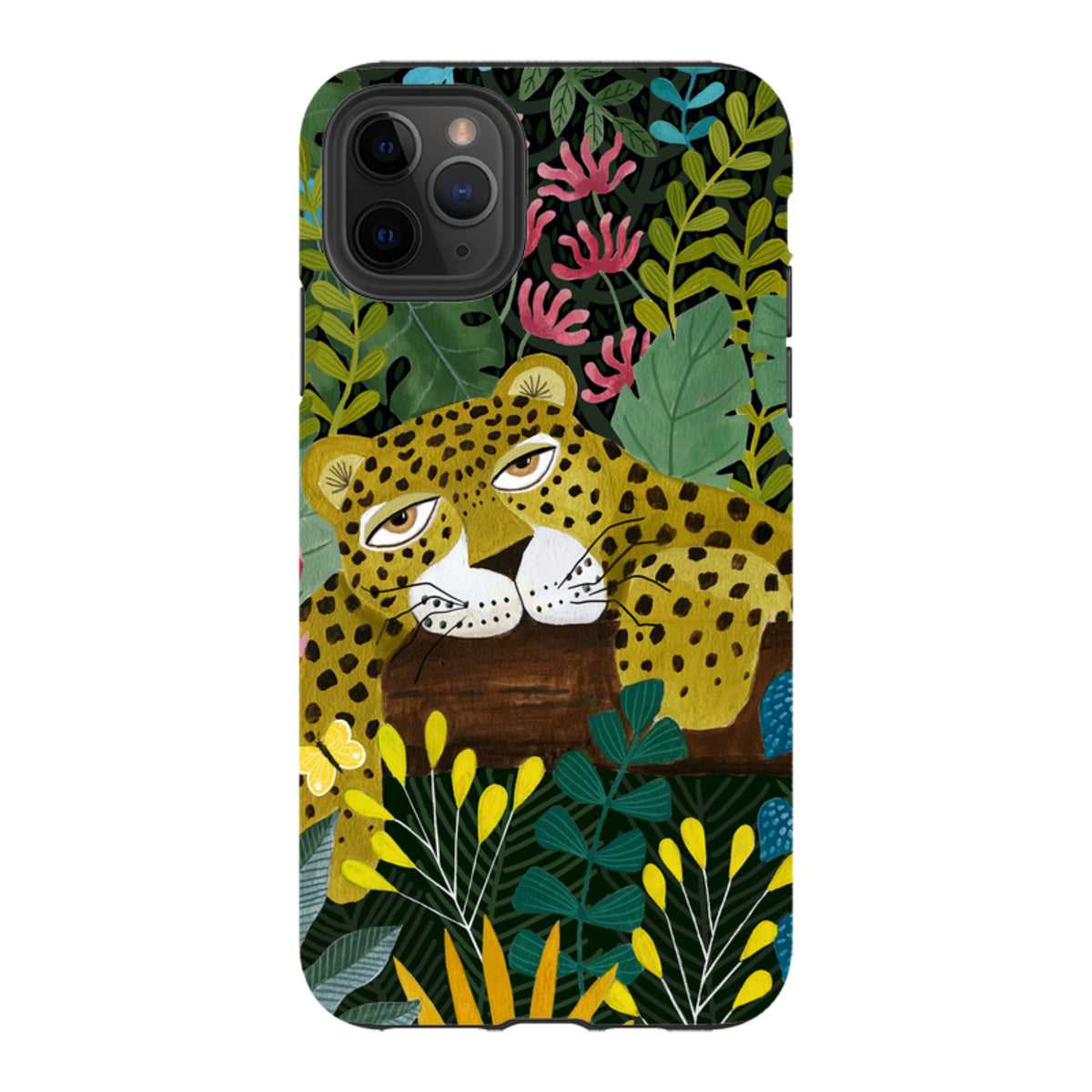 Dual-layer iPhone tough case featuring a sleepy leopard illustration amidst colorful tropical foliage and flowers.