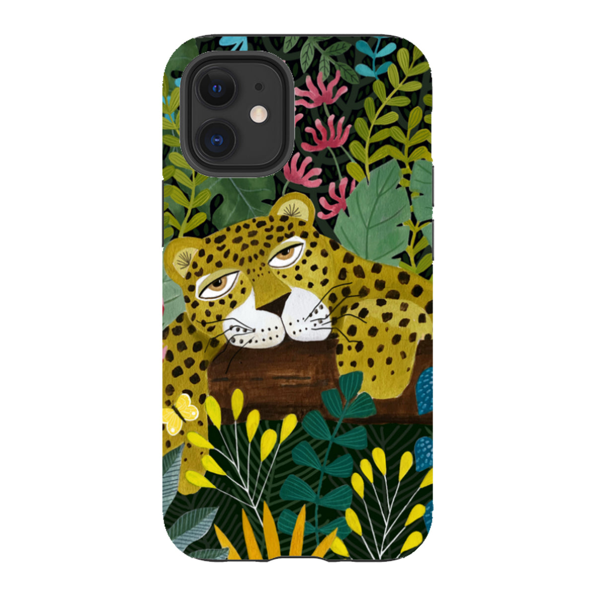 Dual-layer iPhone tough case featuring a sleepy leopard illustration amidst colorful tropical foliage and flowers.