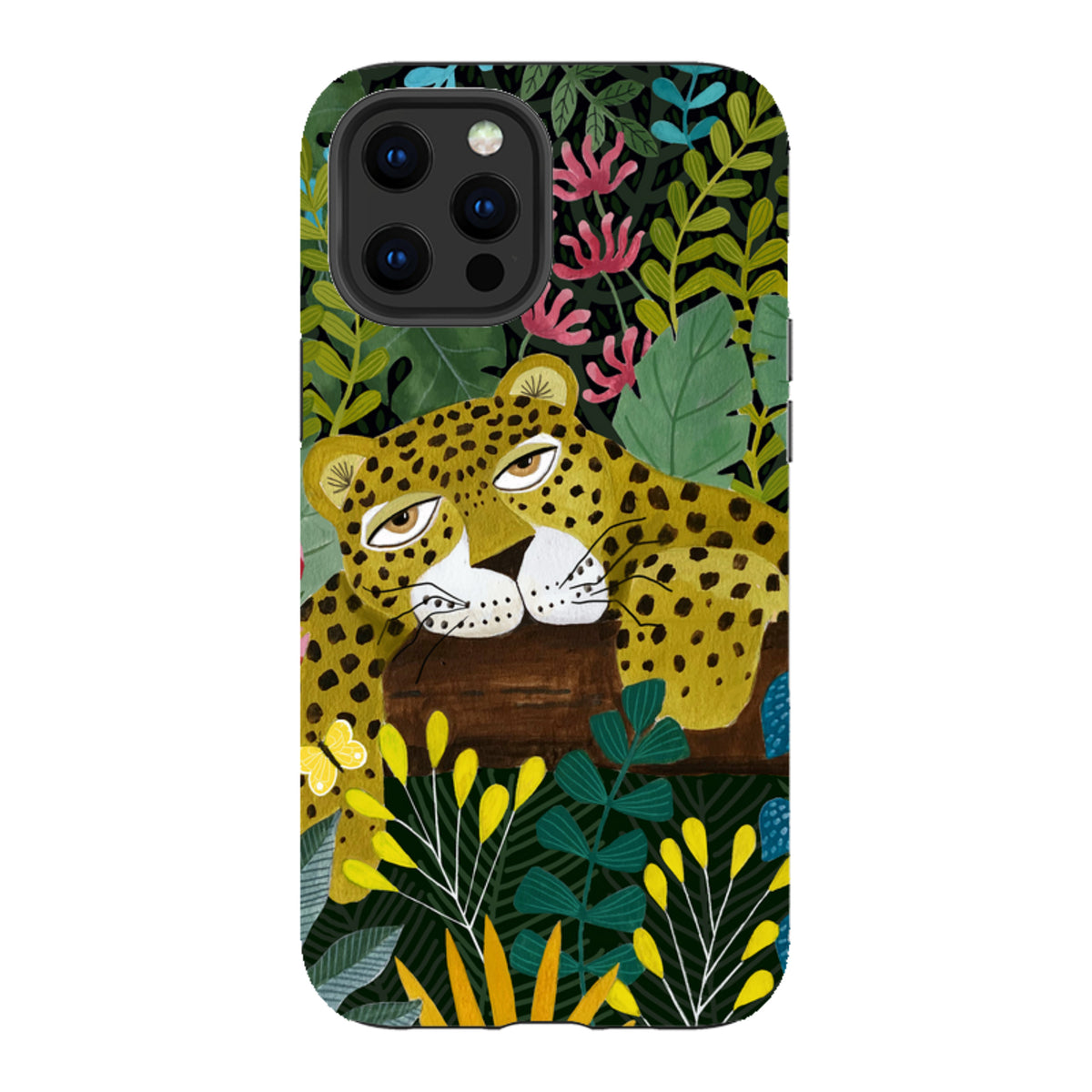 iPhone tough case featuring a sleepy leopard illustration amidst colorful tropical foliage and flowers on a dark background.