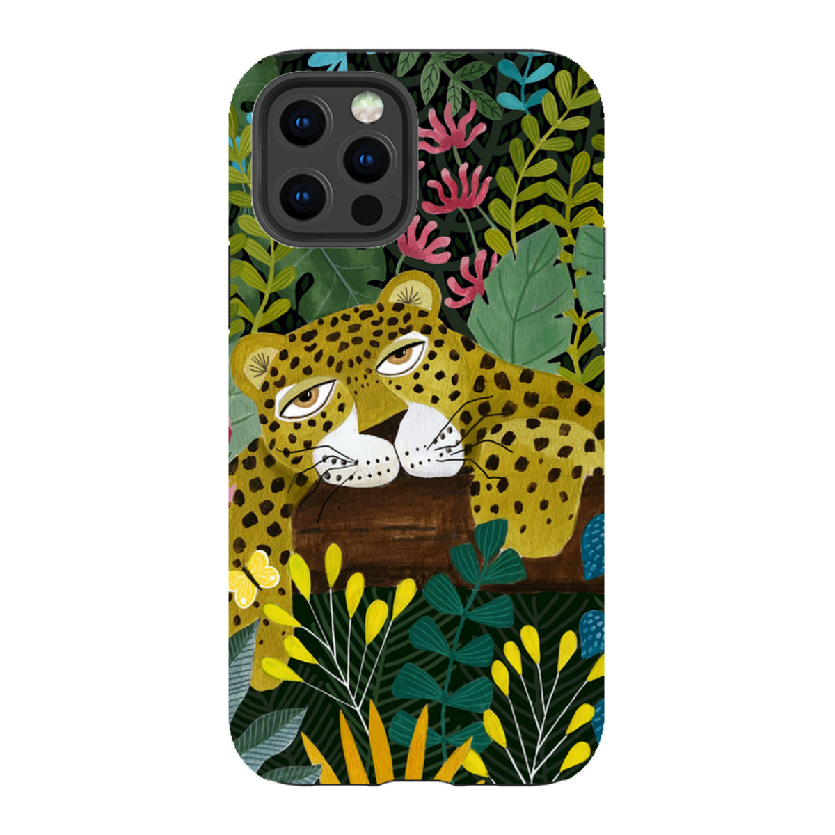 iPhone tough case featuring a sleepy leopard illustration by Bex Parkin amidst colorful jungle foliage and flowers.