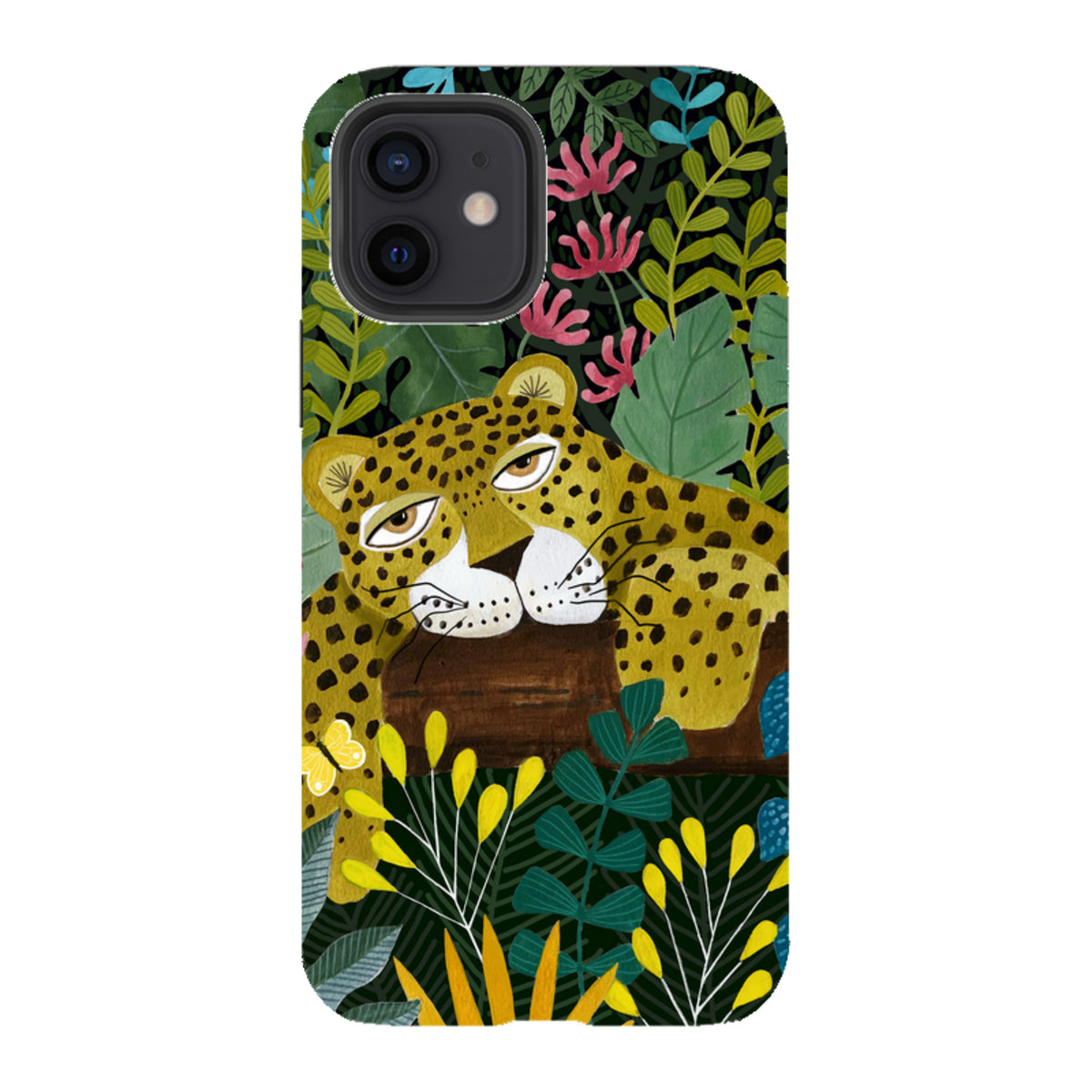 Dual-layer iPhone case featuring a sleepy leopard illustration amidst colorful jungle foliage and flowers.