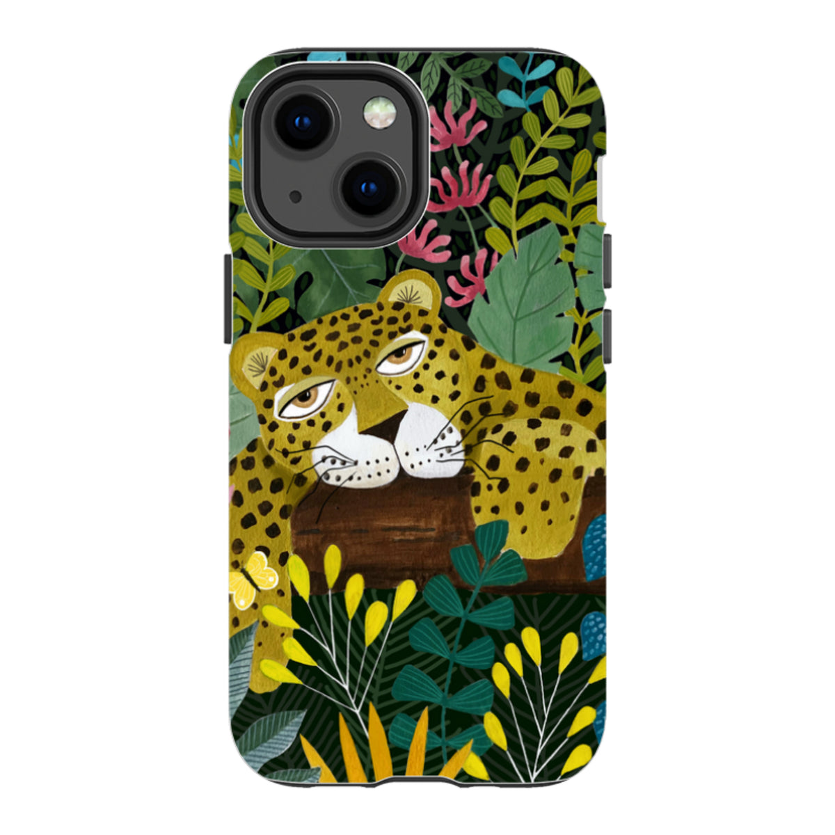Dual-layer iPhone tough case featuring a sleepy leopard illustration amidst colorful tropical leaves and flowers.