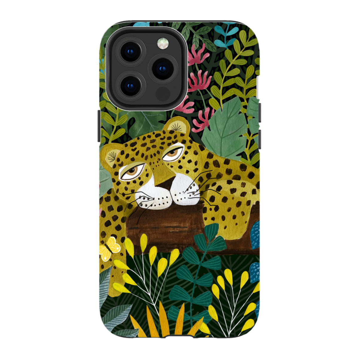 Dual-layer iPhone tough case featuring a sleepy leopard illustration amidst colorful jungle leaves and flowers.