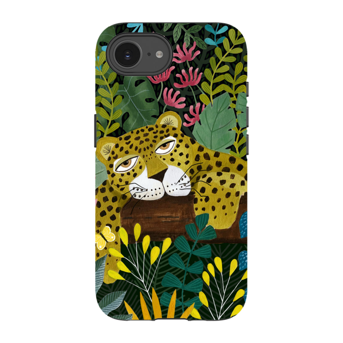 iPhone tough case featuring a sleepy leopard illustration by Bex Parkin surrounded by colorful jungle foliage.