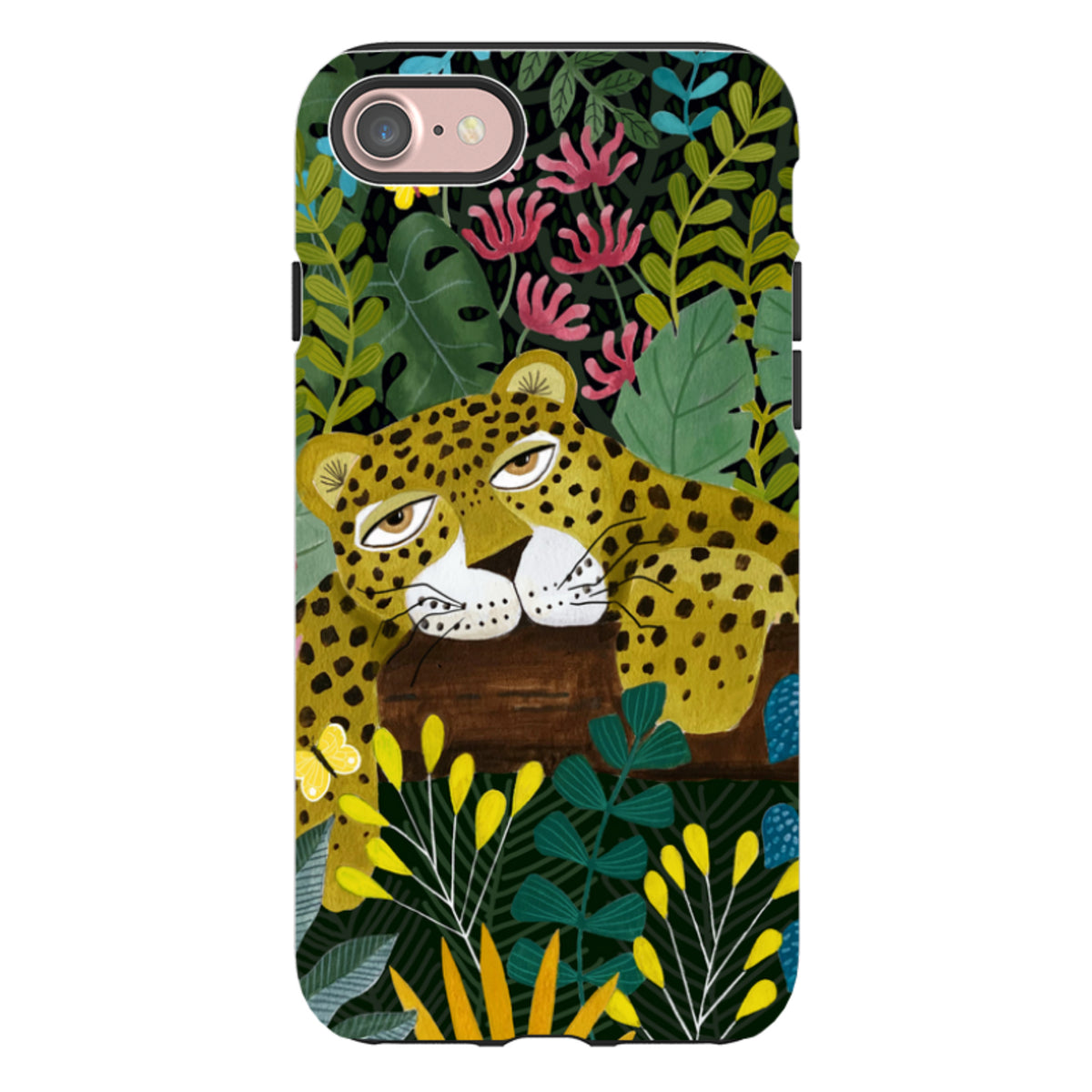Dual-layer iPhone tough case featuring a sleepy leopard illustration amidst colorful jungle foliage and flowers.