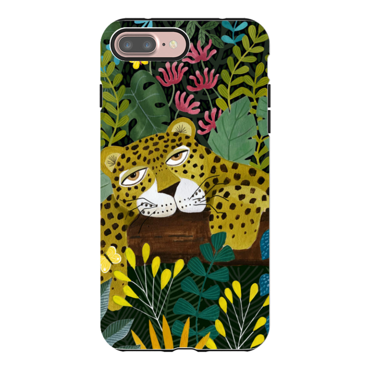 Dual-layer iPhone tough case featuring a sleepy leopard illustration amidst colorful tropical jungle foliage.