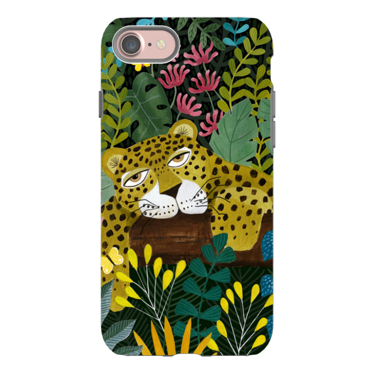 Dual-layer iPhone tough case featuring a sleepy leopard illustration surrounded by colorful tropical jungle foliage.
