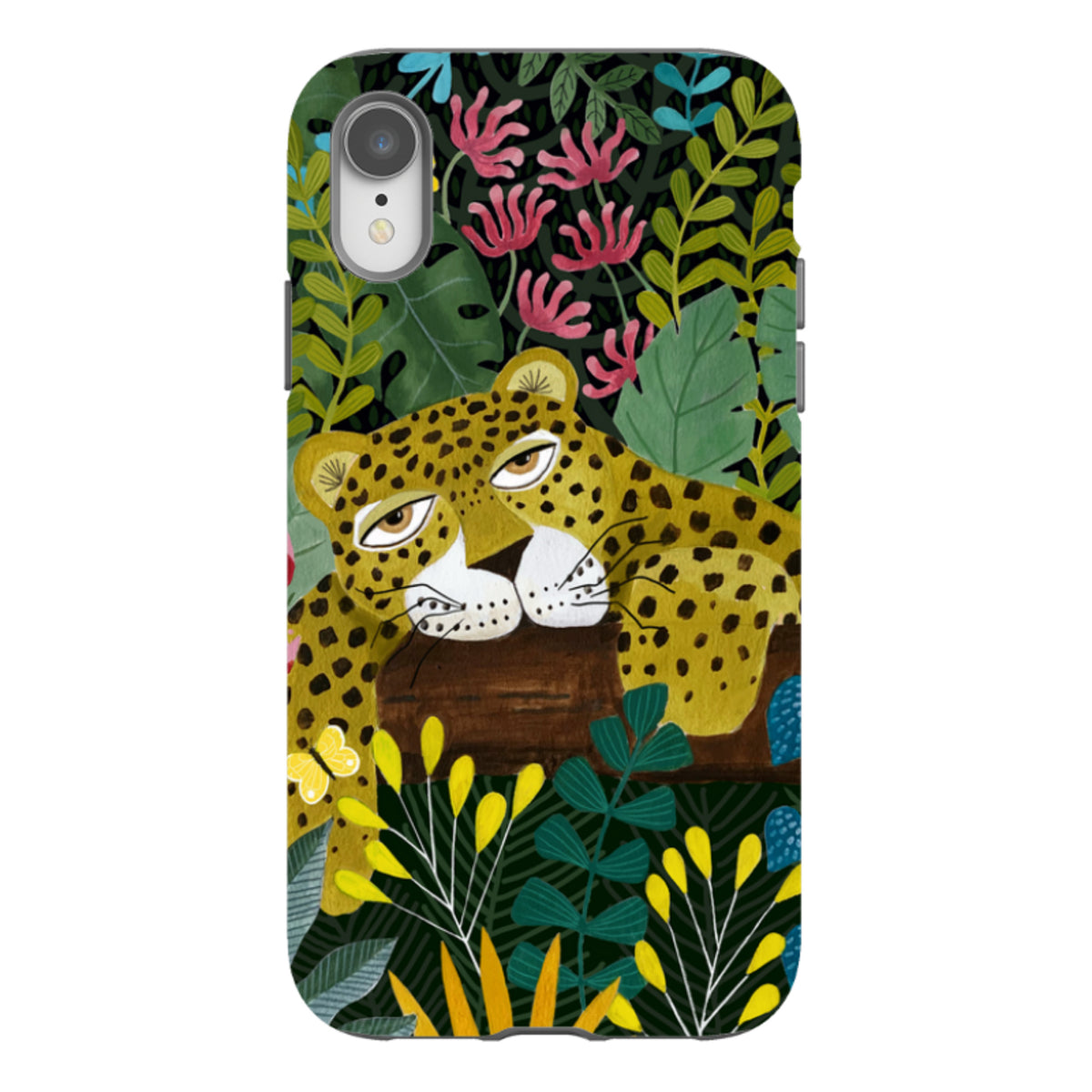 iPhone tough case featuring a sleepy leopard illustration amidst colorful tropical leaves, flowers, and a yellow butterfly.