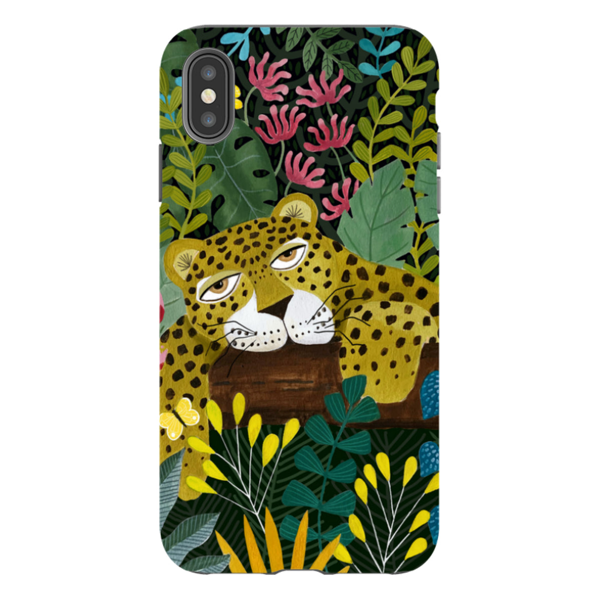 Dual-layer iPhone case featuring a sleepy leopard illustration amidst colorful jungle foliage and flowers.