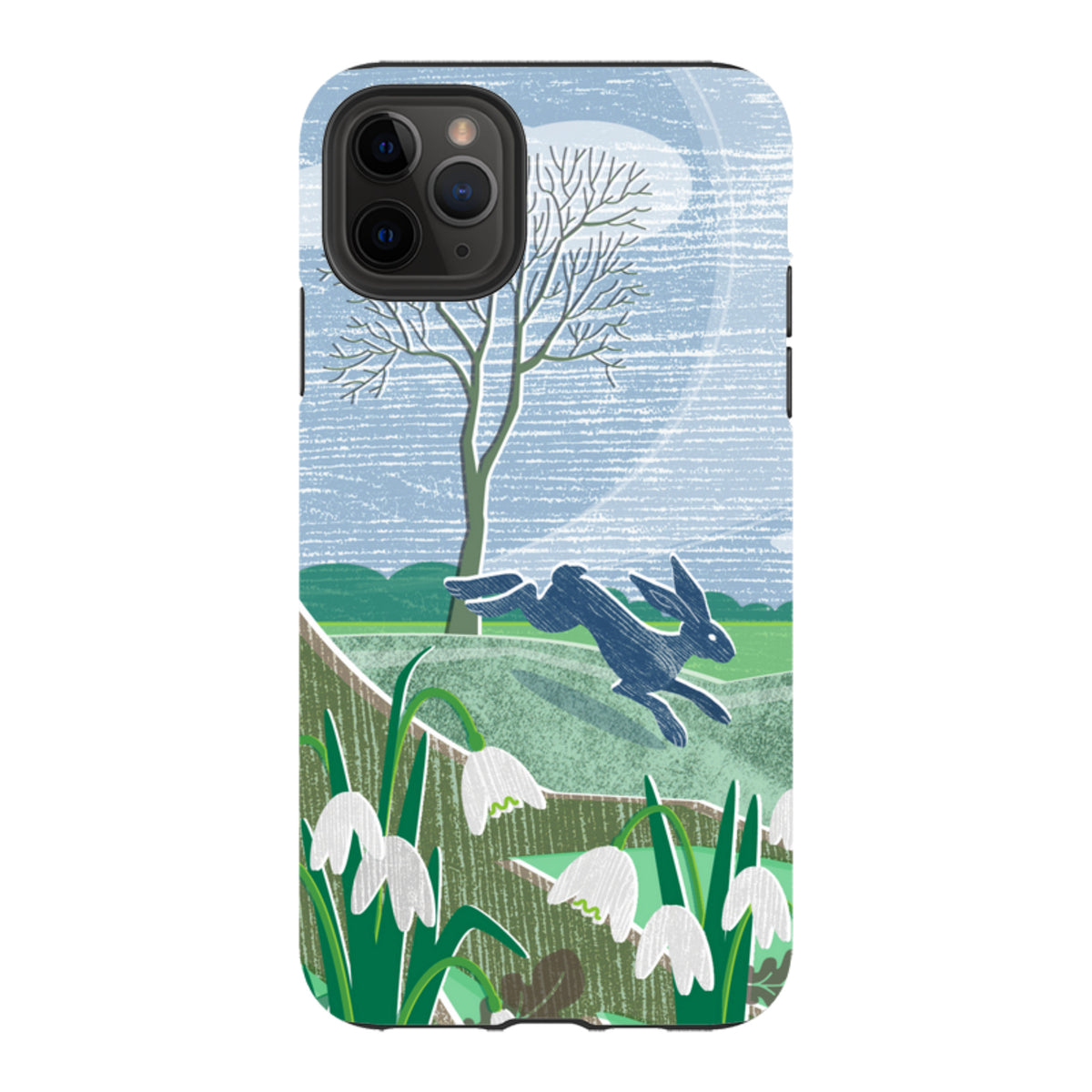 Dual-layer iPhone case featuring Liane Payne’s Snowdrops and Hare art with a leaping hare and white flowers in a blue field.