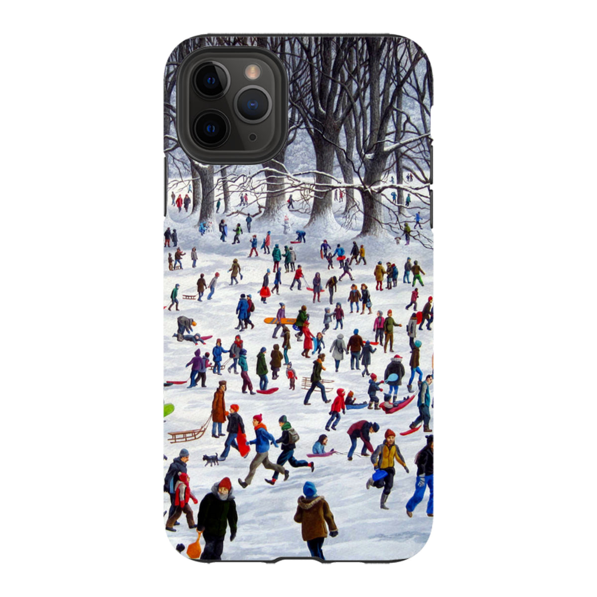 iPhone tough case featuring Philip Hood's Snowtime art with a busy winter sledding scene and dual-layer protection.