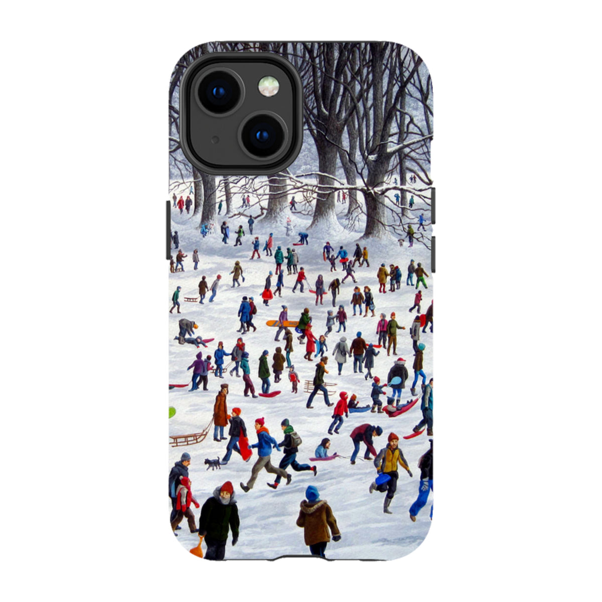 iPhone tough case featuring Philip Hood's Snowtime winter scene with people sledding in a snowy park.