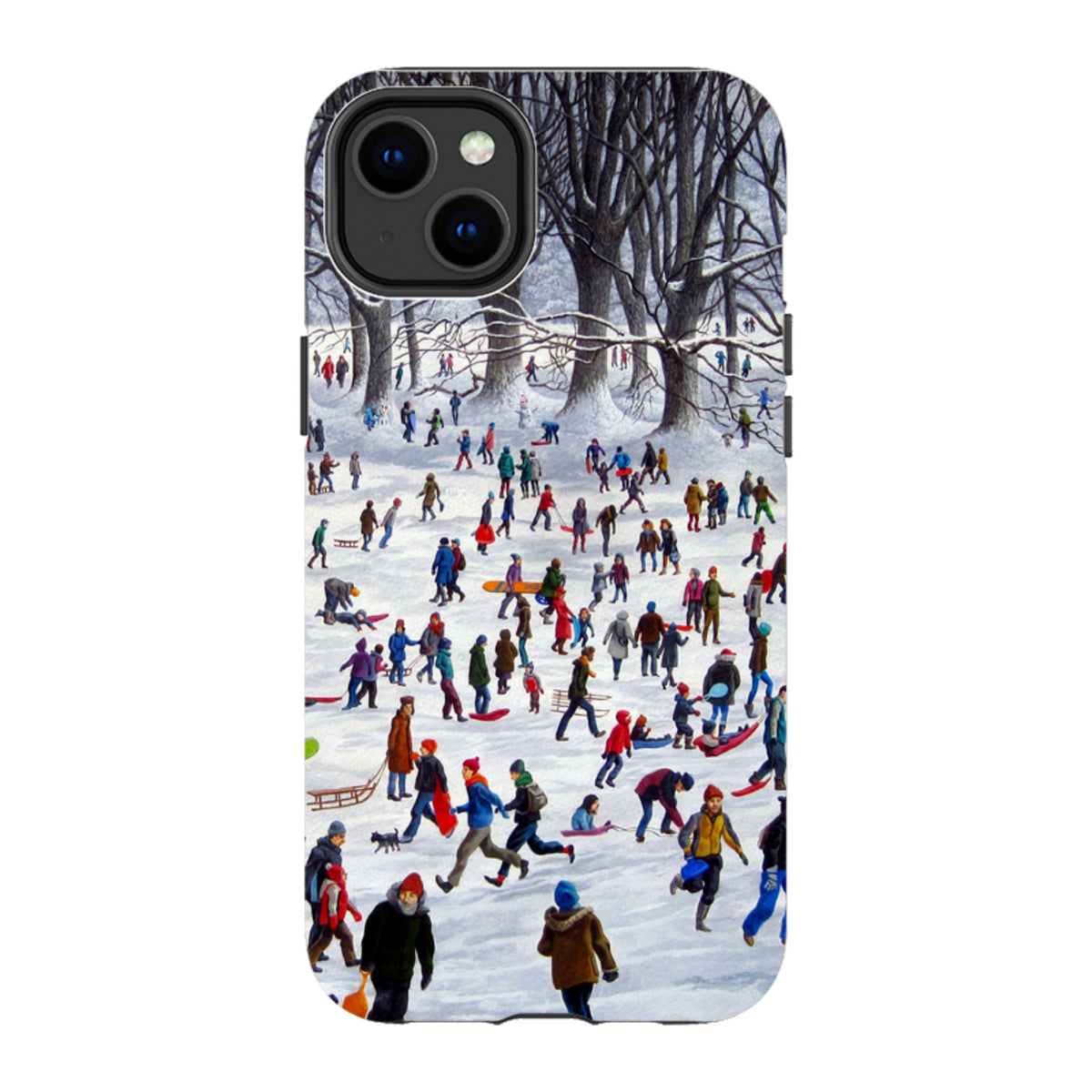 iPhone tough case featuring Philip Hood's Snowtime art with a busy, colorful winter park scene on a durable dual-layer shell.