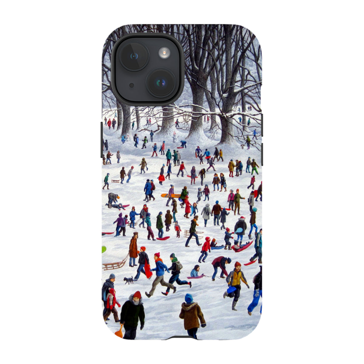 iPhone tough case featuring Philip Hood's Snowtime art with a busy winter park scene and dual-layer protective shell.