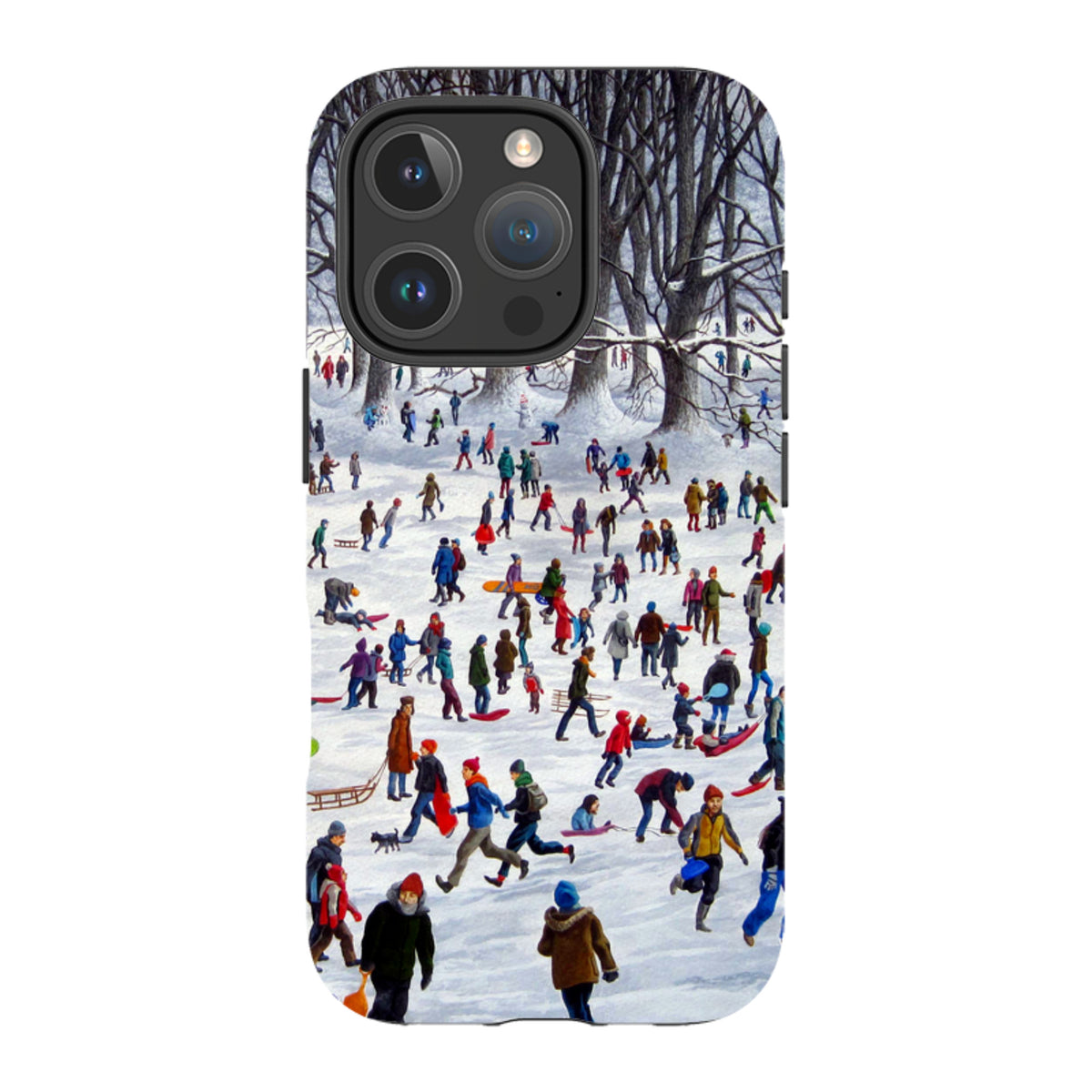 iPhone tough case featuring Philip Hood's Snowtime art with a busy winter sledding scene in a snowy forest.