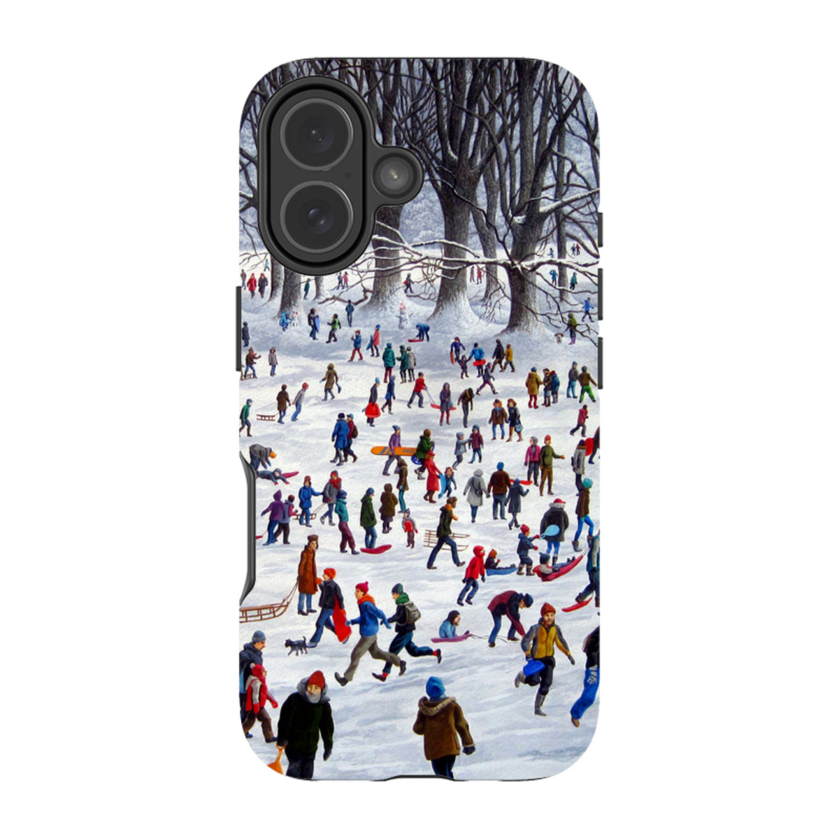Dual-layer iPhone tough case featuring Philip Hood’s Snowtime winter scene with people sledding in a snowy forest.