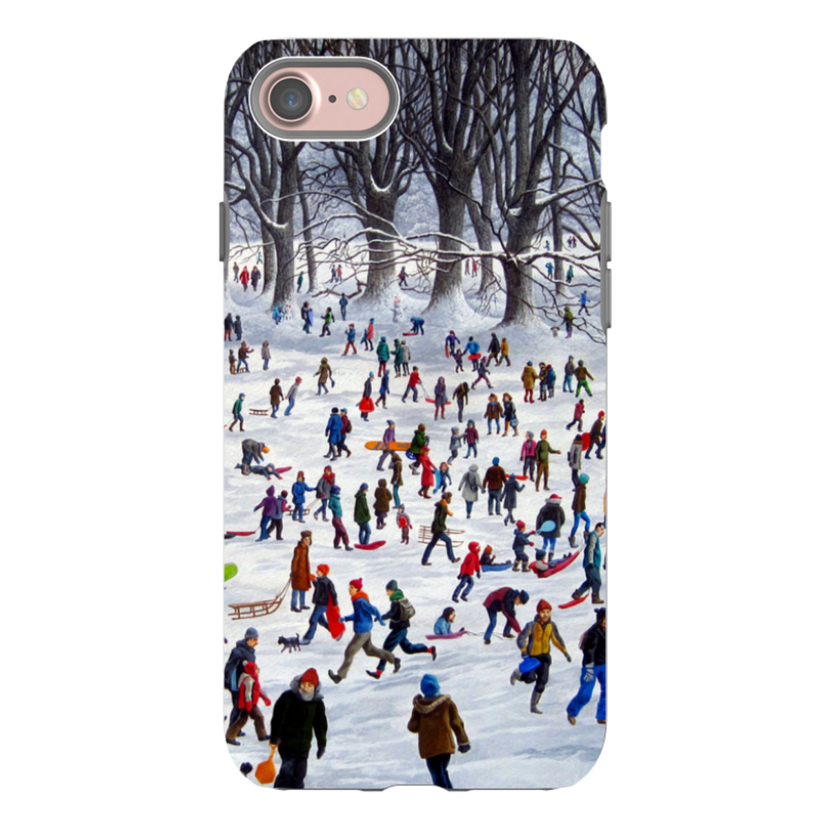 Dual-layer iPhone tough case featuring Philip Hood's Snowtime winter scene with people sledding in a snowy forest.