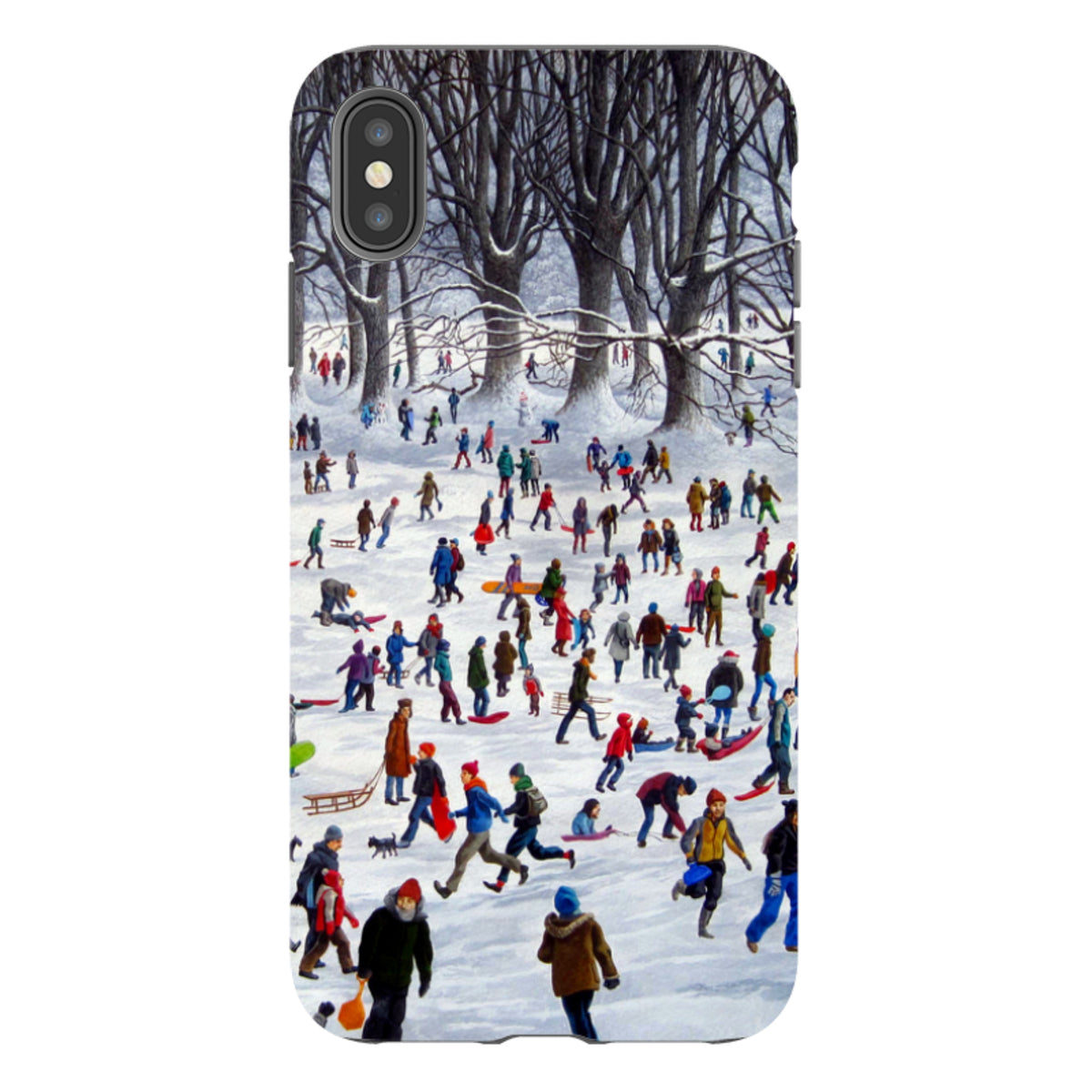 iPhone tough case featuring Philip Hood's Snowtime art with a busy winter park scene on a durable dual-layer shell.