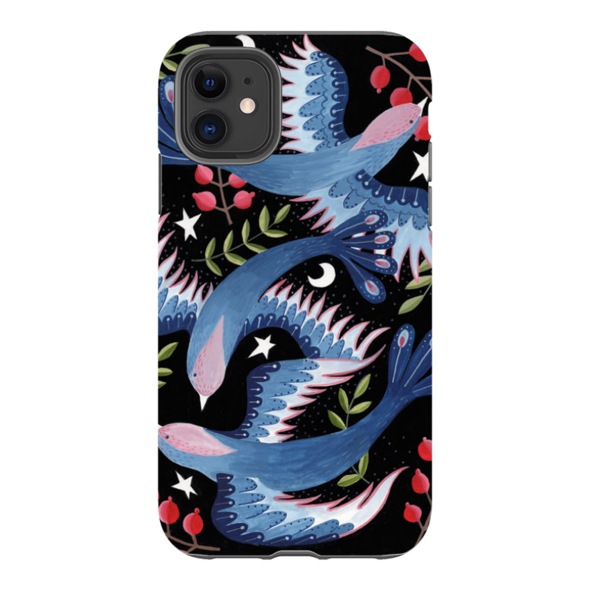 Dual-layer iPhone case featuring blue birds, red berries, and white stars on a black background by Bex Parkin.