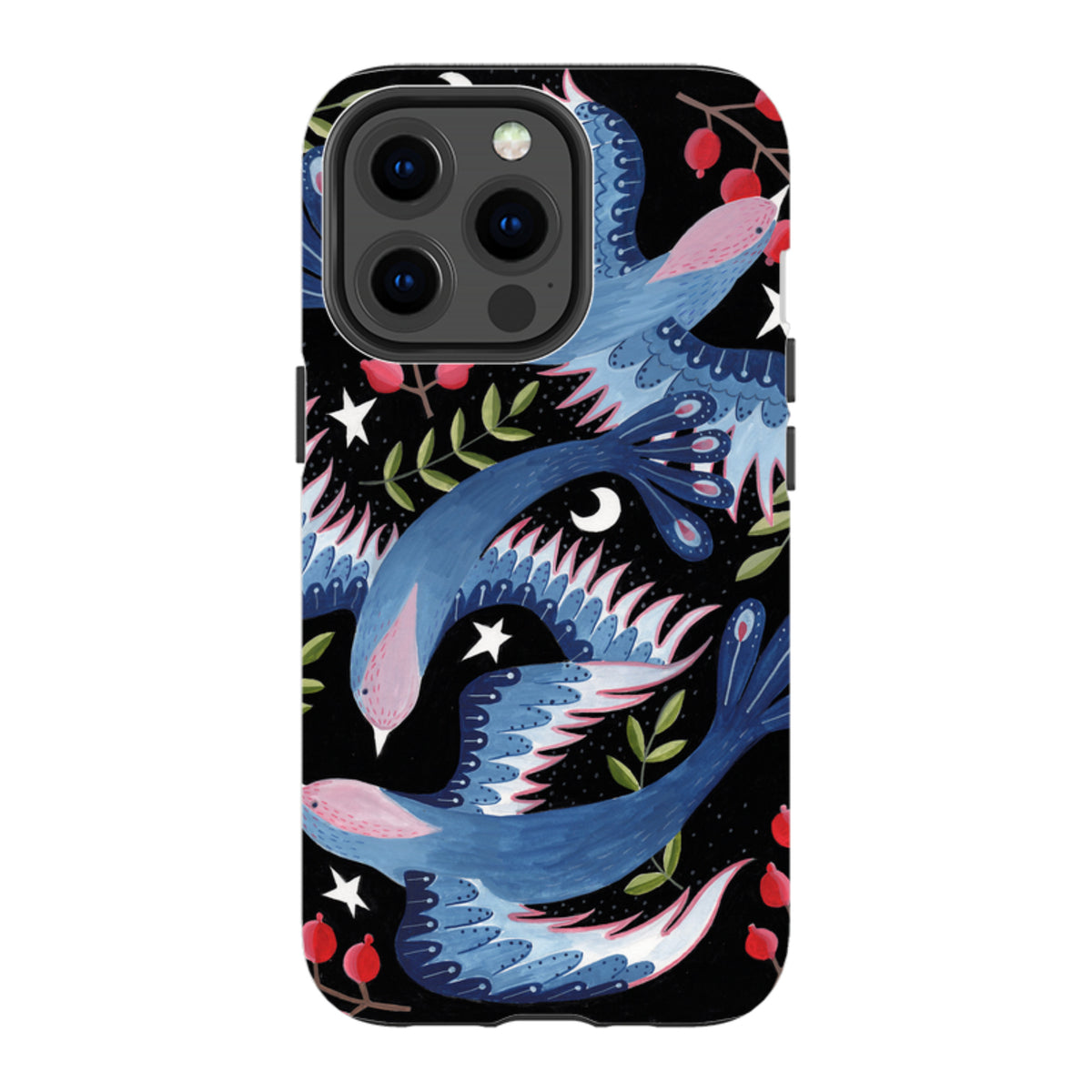 Dual-layer iPhone tough case featuring blue soaring birds, red berries, and white stars on a black background.