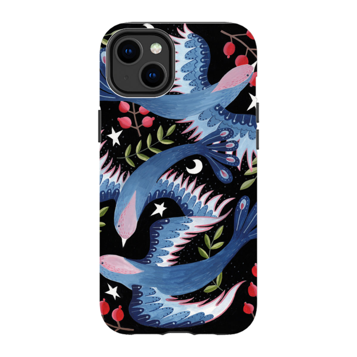 iPhone tough case featuring Bex Parkin’s blue soaring birds, stars, and red berries on a black background.