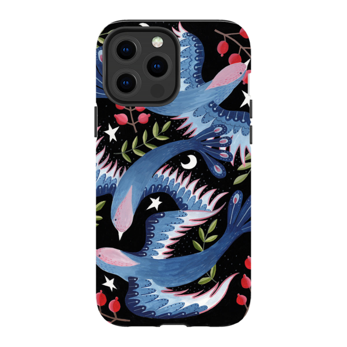 iPhone tough case featuring blue birds, red berries, and white stars on a black background with dual-layer protection.