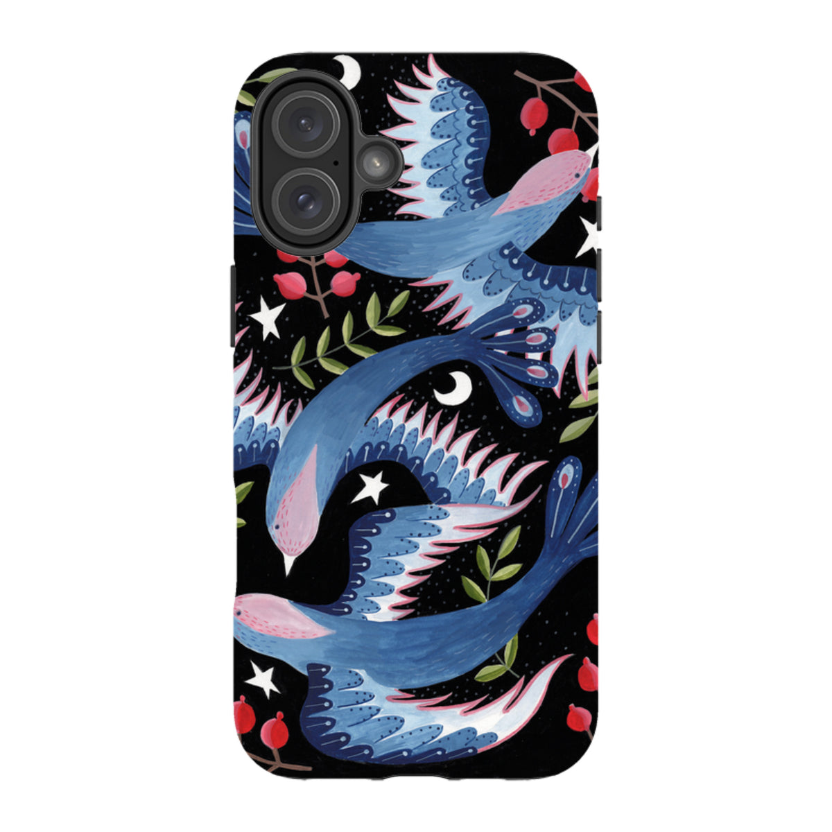 iPhone tough case featuring blue soaring birds, red berries, and white stars on a black background.