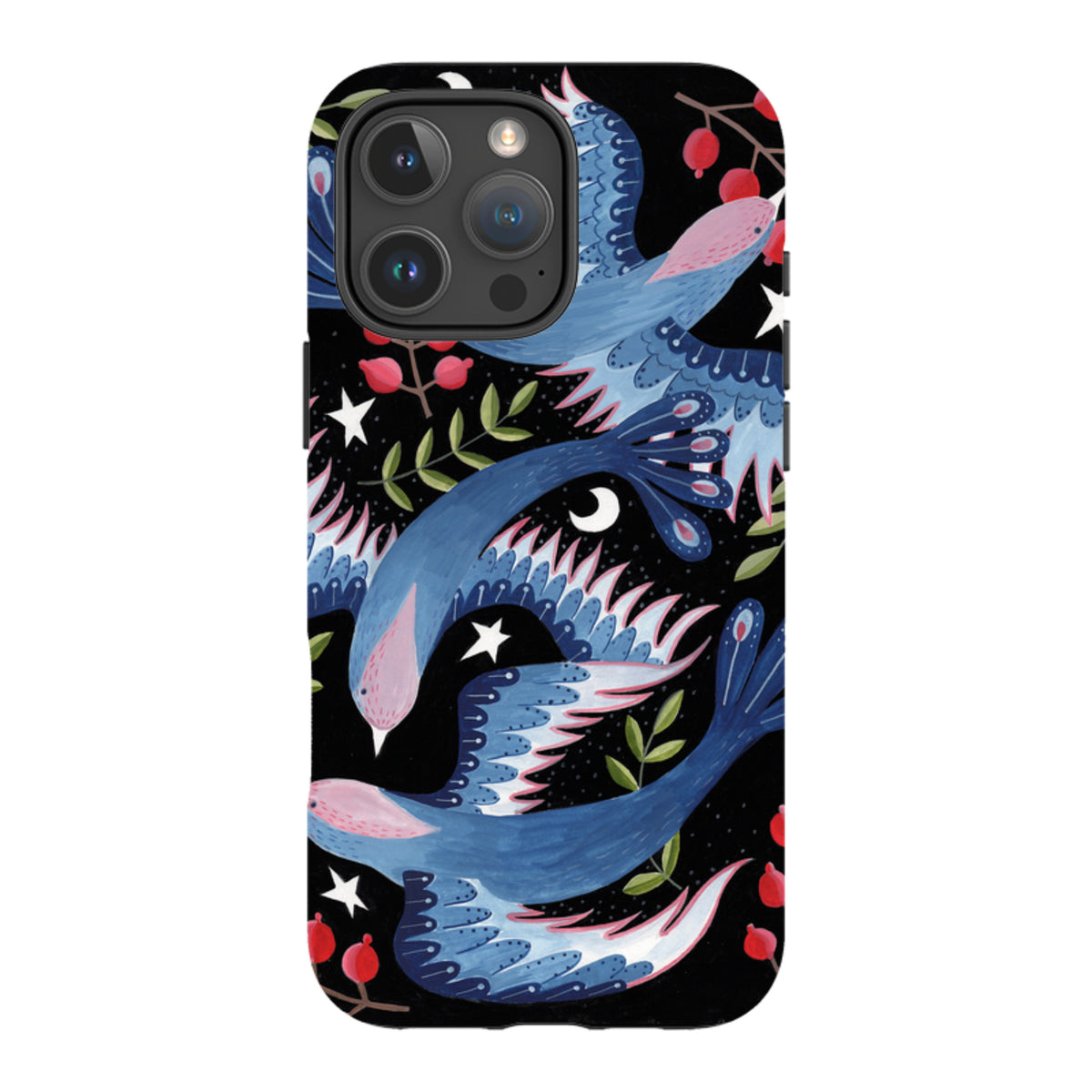 Dual-layer iPhone tough case featuring blue soaring birds, red berries, and white stars on a black background.