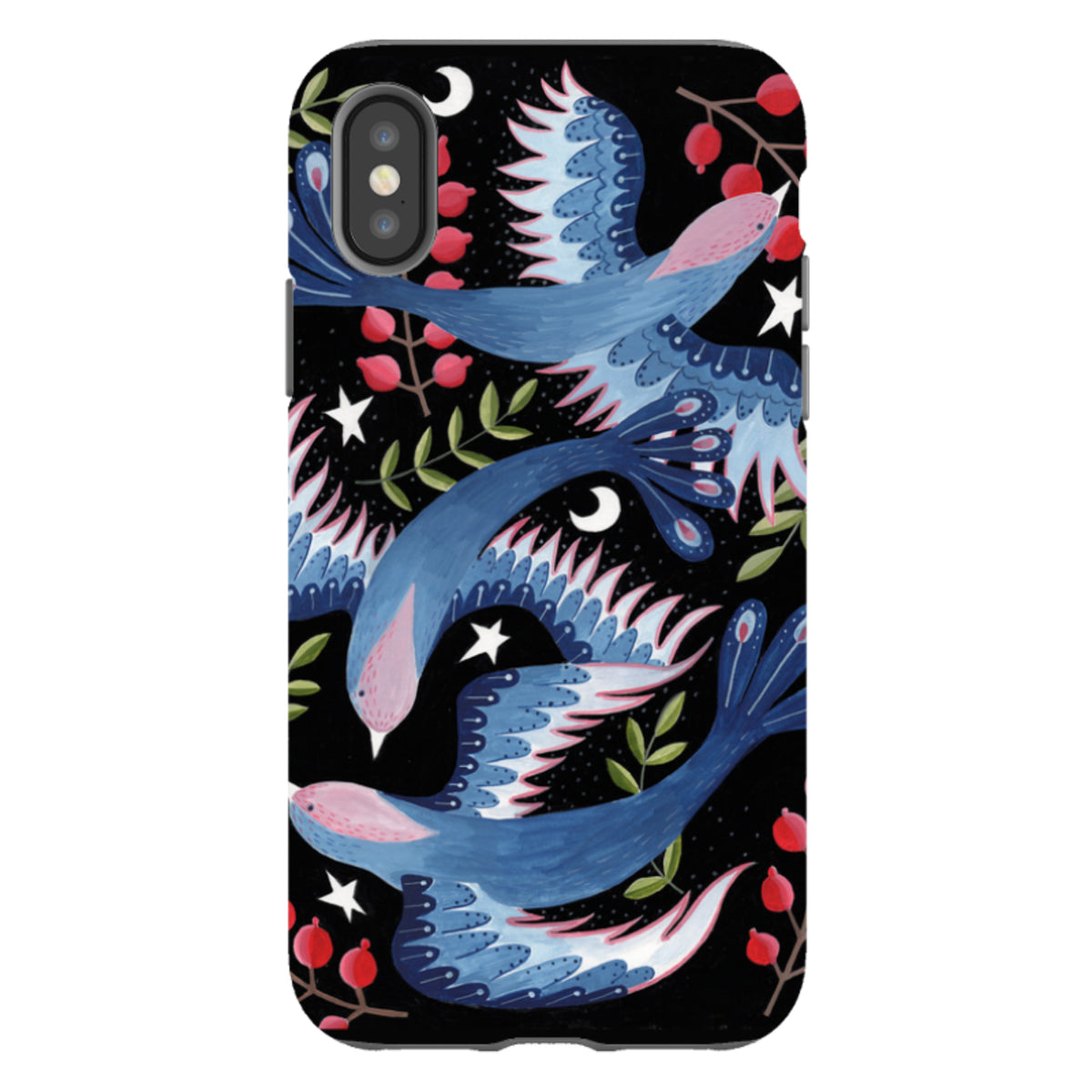 iPhone tough case featuring blue soaring birds, red berries, and white stars on a black background with dual-layer design.