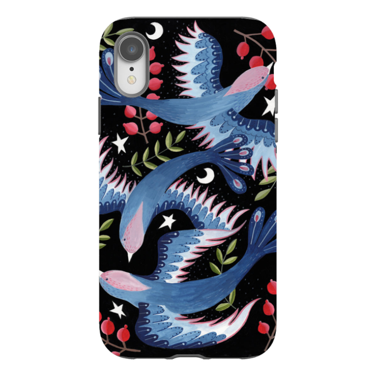 Dual-layer iPhone tough case featuring blue soaring birds, red berries, and white stars on a black background.