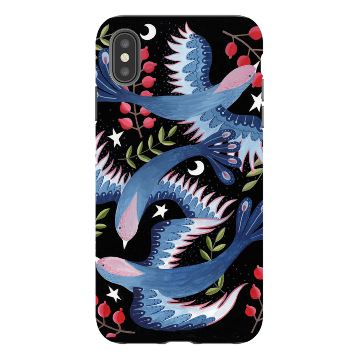 iPhone tough case featuring blue soaring birds, red berries, and white stars on a black background.