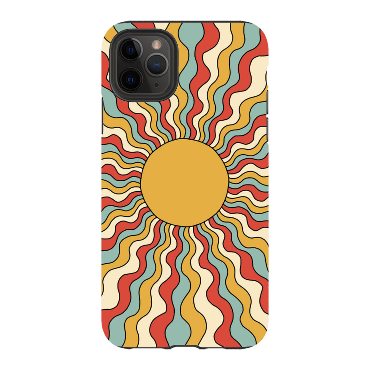 Dual-layer iPhone tough case featuring a retro wavy sun design in yellow, red, and teal on a durable protective shell.