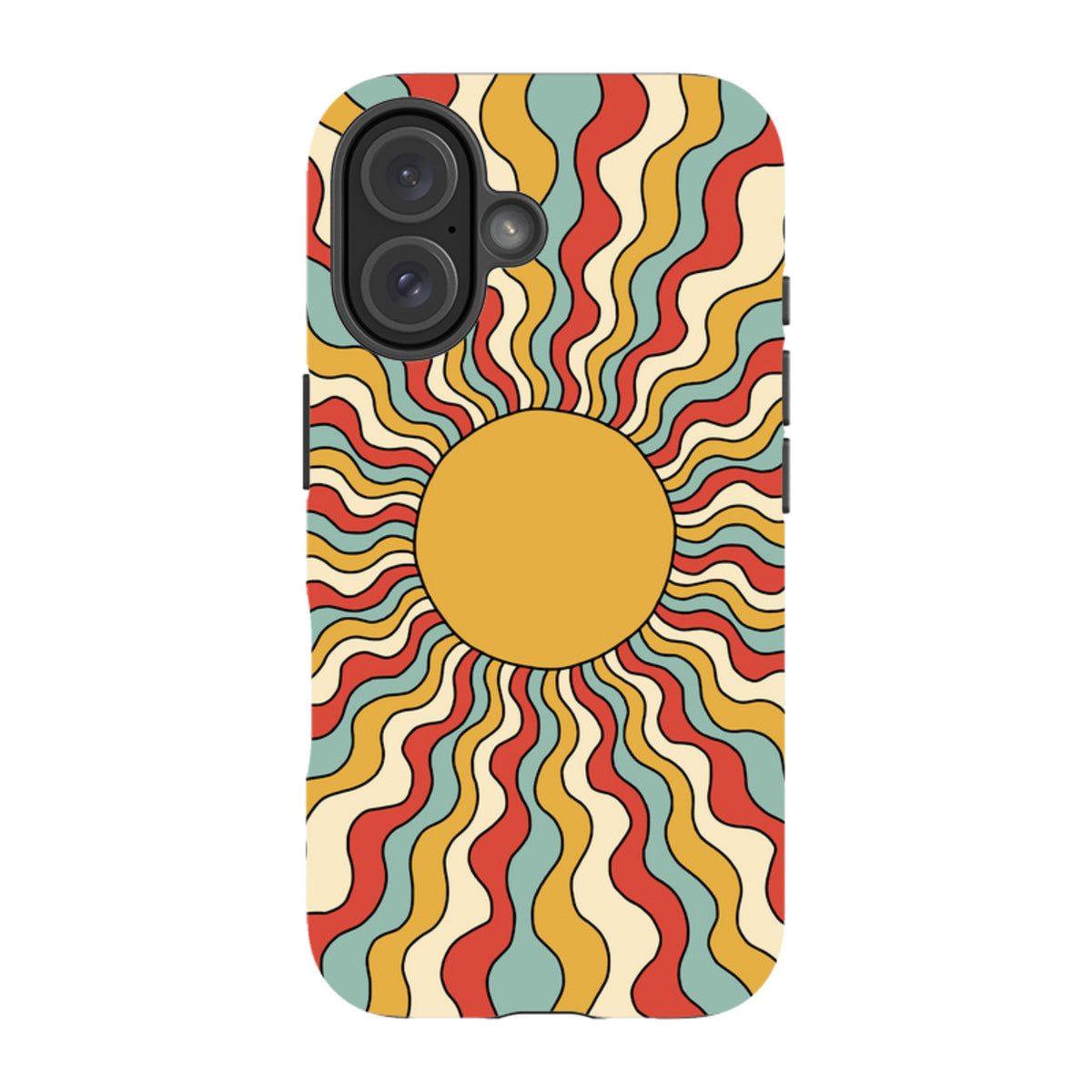 iPhone tough case with a retro wavy sun pattern in red, yellow, and teal on a durable dual-layer protective shell.