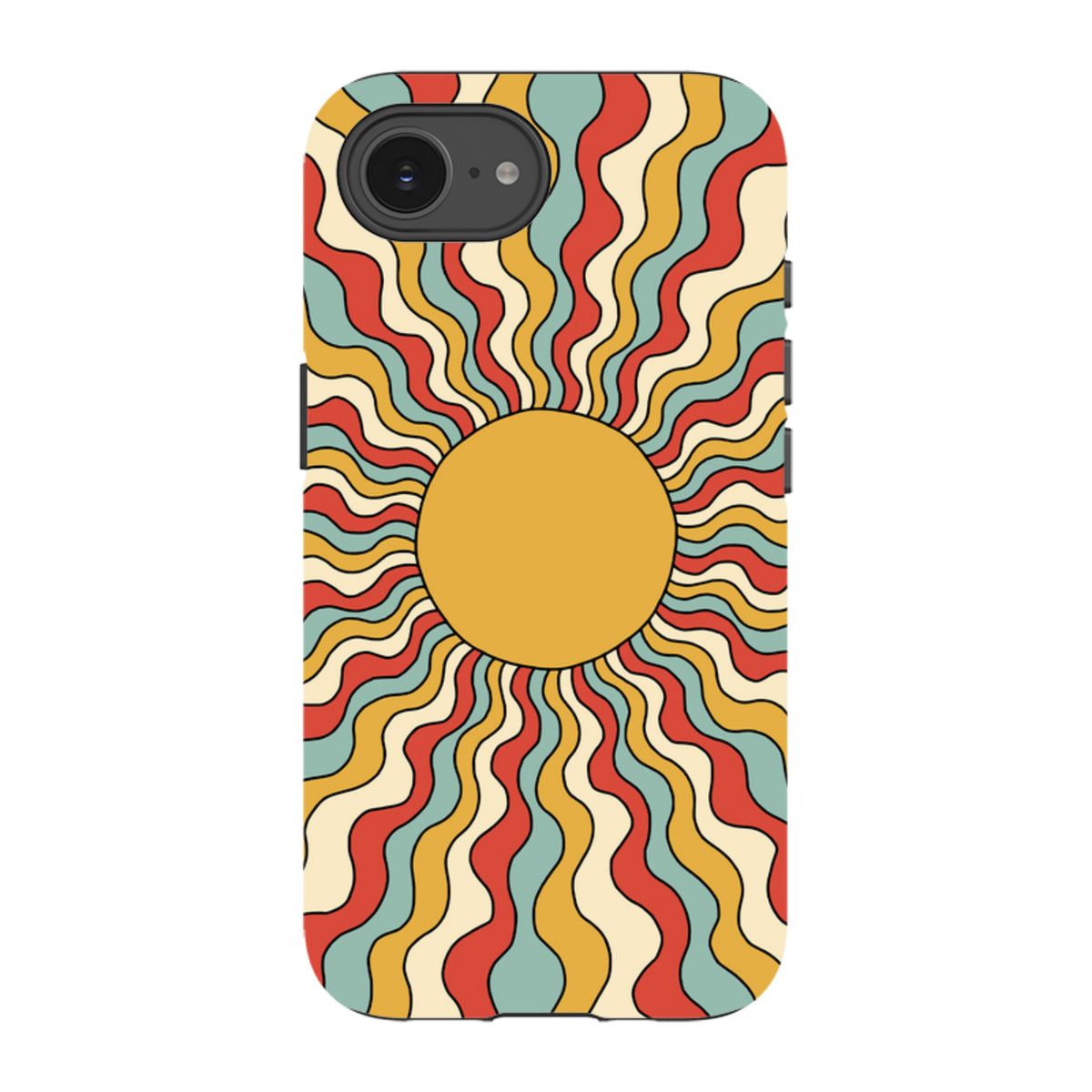 iPhone tough case featuring a retro wavy sun design in vibrant red, yellow, and teal on a durable dual-layer shell.