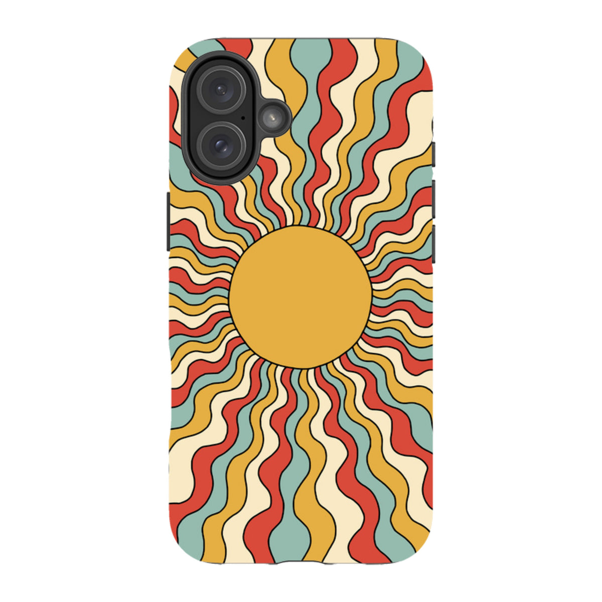 iPhone tough case with a retro wavy sun design in red, yellow, and teal, featuring dual-layer protection and camera cutout.