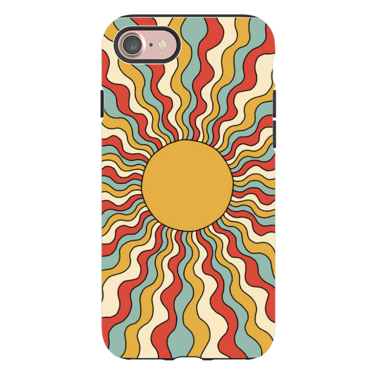 iPhone tough case with a retro wavy sunburst pattern in red, yellow, and teal on a durable dual-layer protective shell.