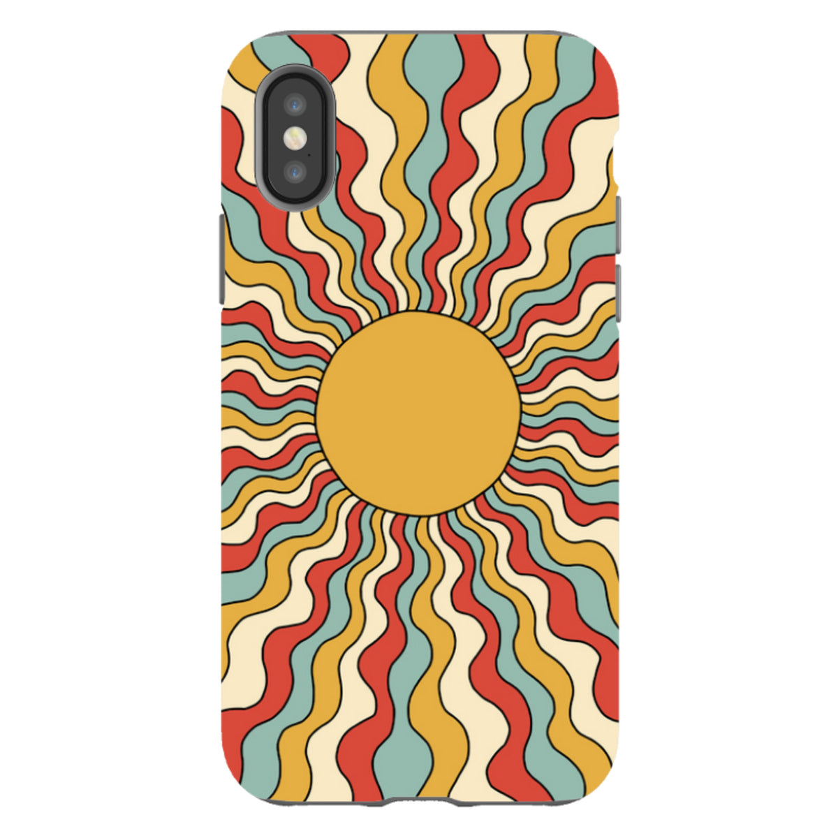 iPhone tough case with a retro wavy sunburst pattern in yellow, red, and teal on a durable dual-layer shell.