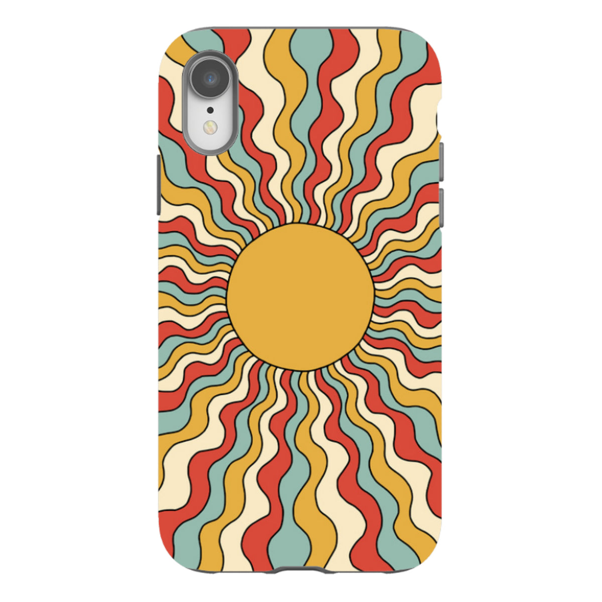 iPhone tough case with a retro wavy sunburst pattern in yellow, red, and teal on a durable dual-layer protective shell.
