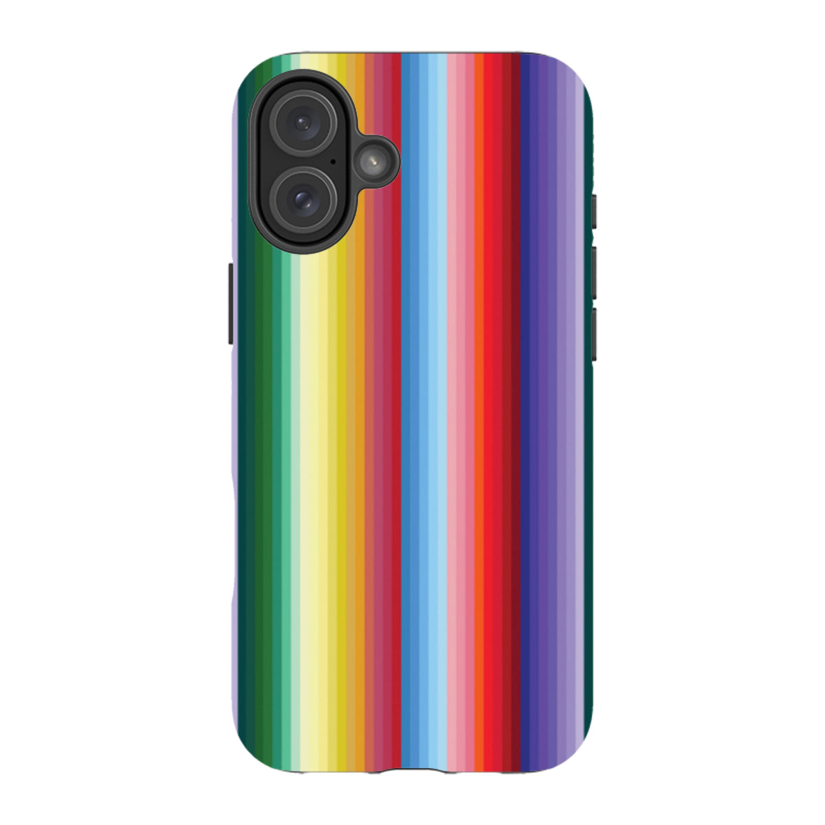 iPhone tough case featuring the Solis Sequence design with vibrant, vertical multi-colored stripes and dual-layer protection.