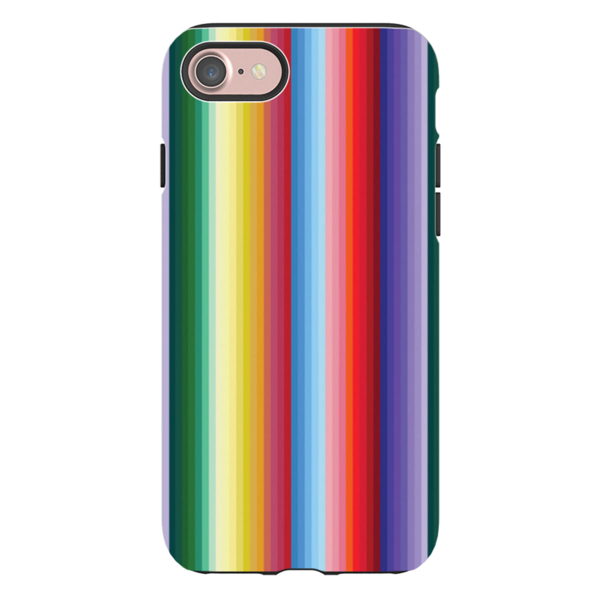 iPhone tough case featuring a vibrant, multi-colored vertical stripe pattern by Kitty Joseph with dual-layer protection.