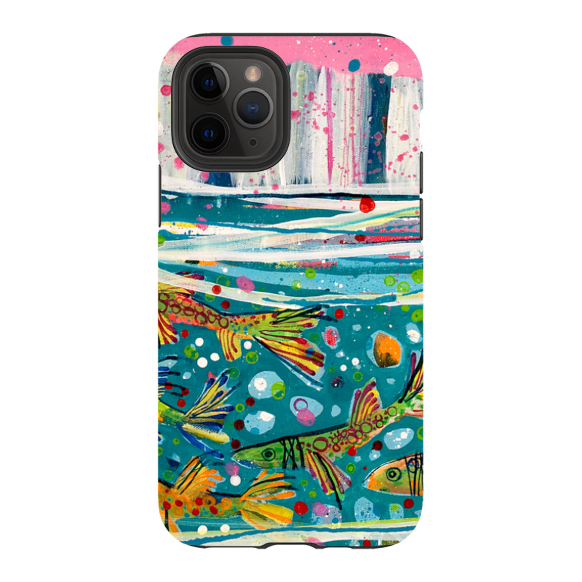 iPhone tough case featuring Claire West's colorful fish artwork with a teal background and dual-layer protective shell.