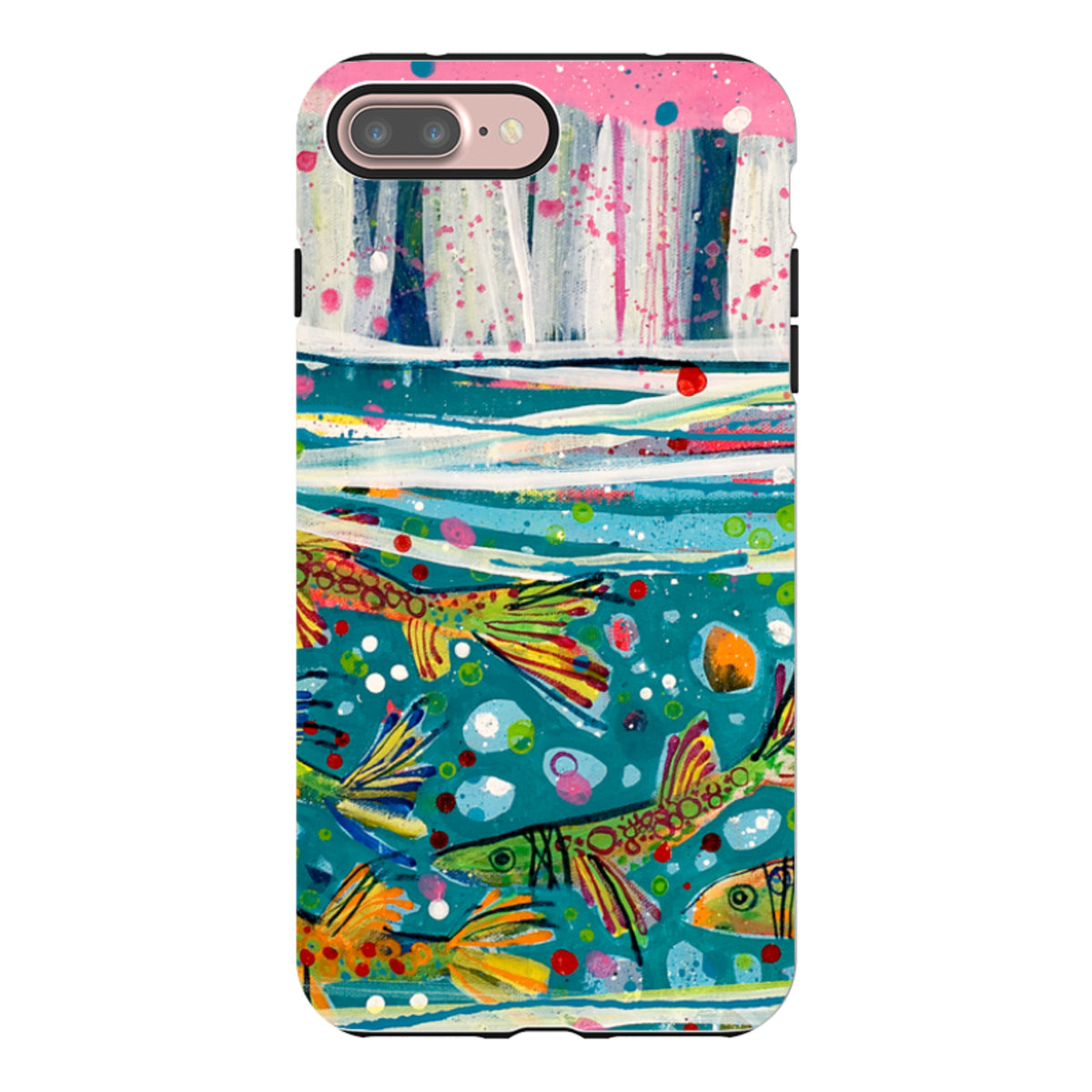 Dual-layer iPhone tough case featuring Claire West's colorful, abstract fish artwork in vibrant blue and pink tones.