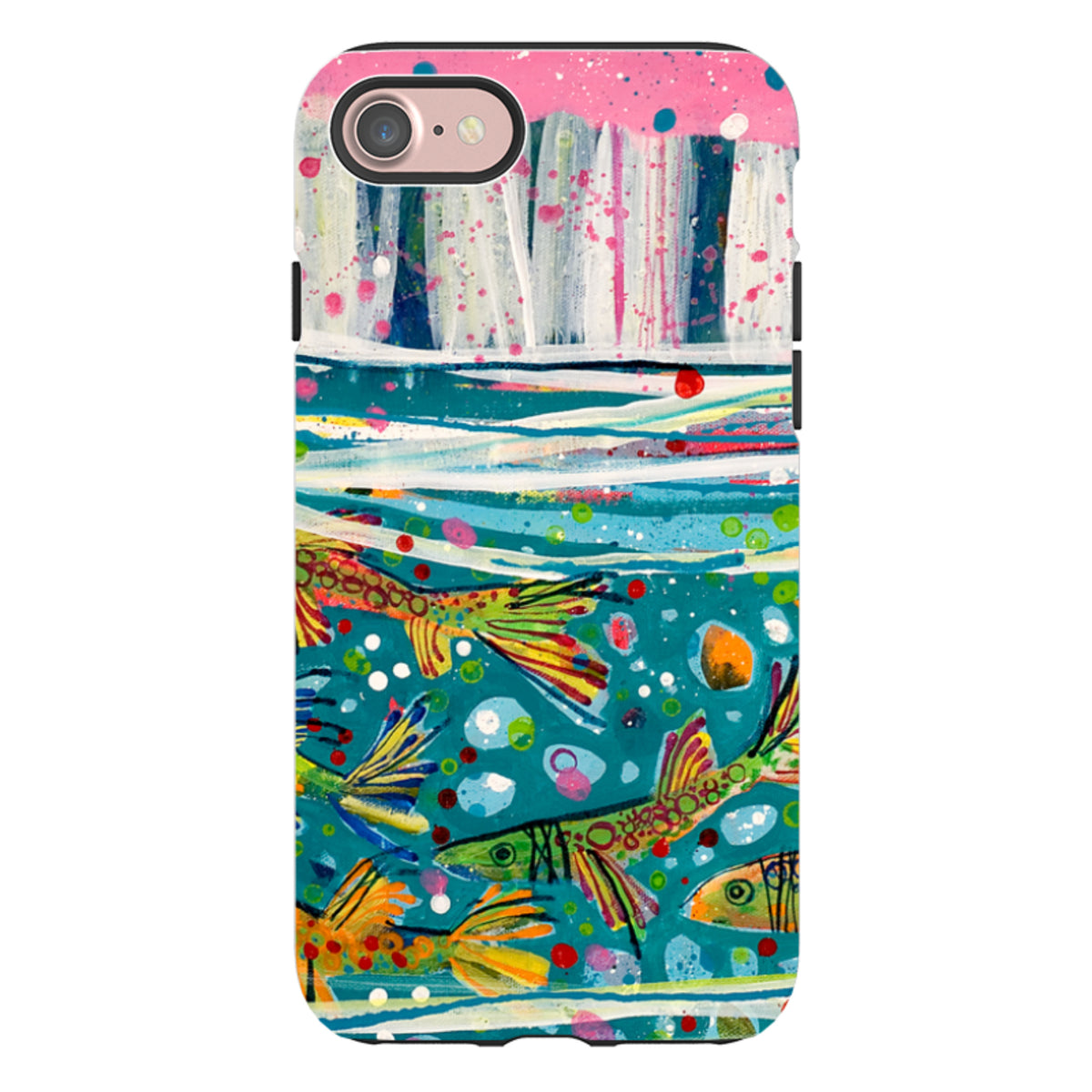 Dual-layer iPhone tough case featuring Claire West's colorful Something Fishy artwork with vibrant fish and abstract patterns.