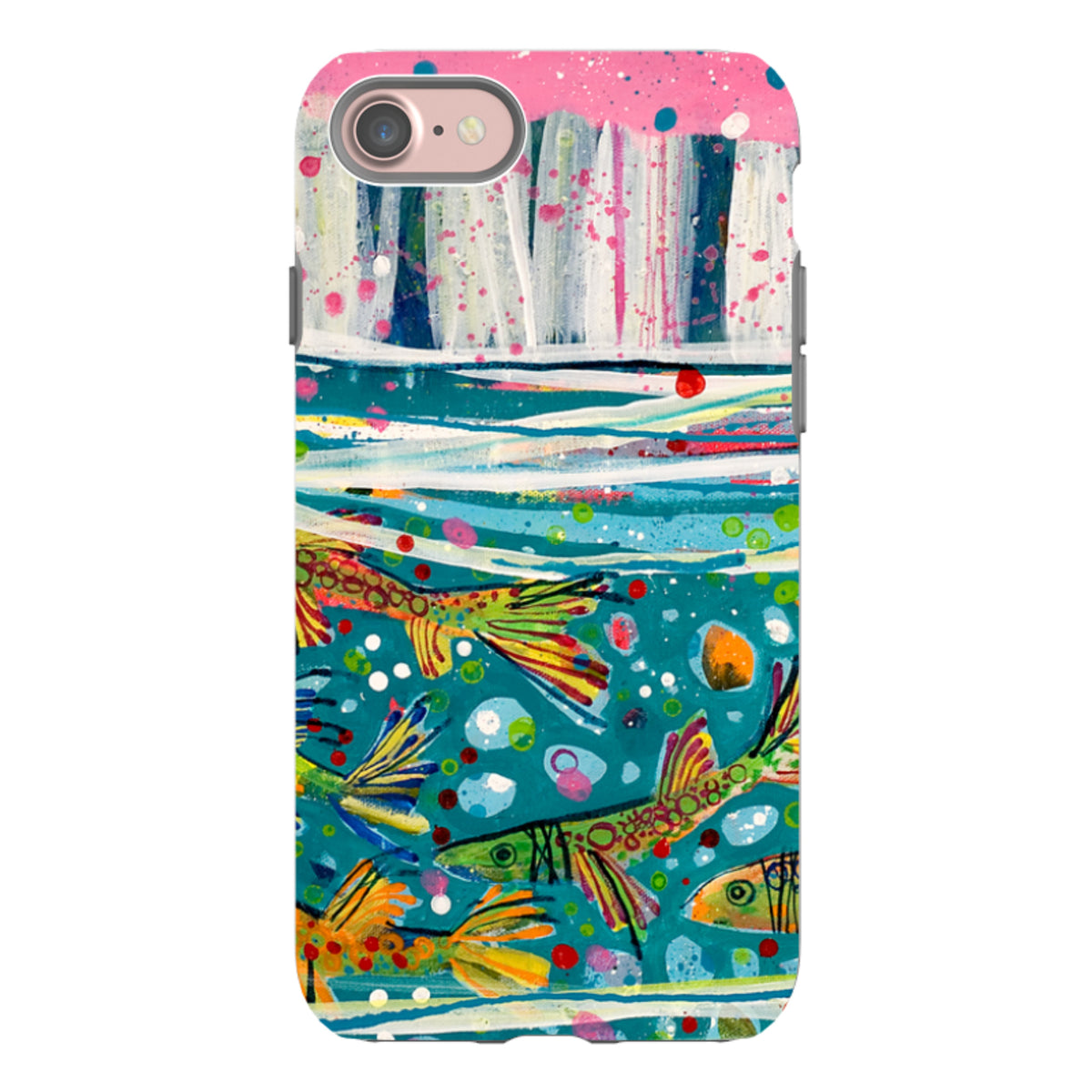 iPhone Tough Case featuring Claire West’s Something Fishy art with colorful abstract fish on a teal background.