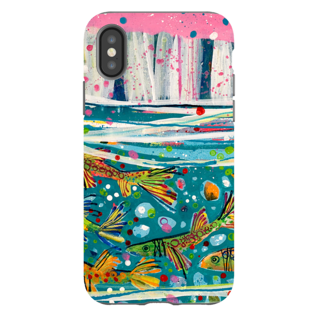 iPhone Tough Case featuring Claire West’s Something Fishy art with colorful fish, teal water, and a pink top border.