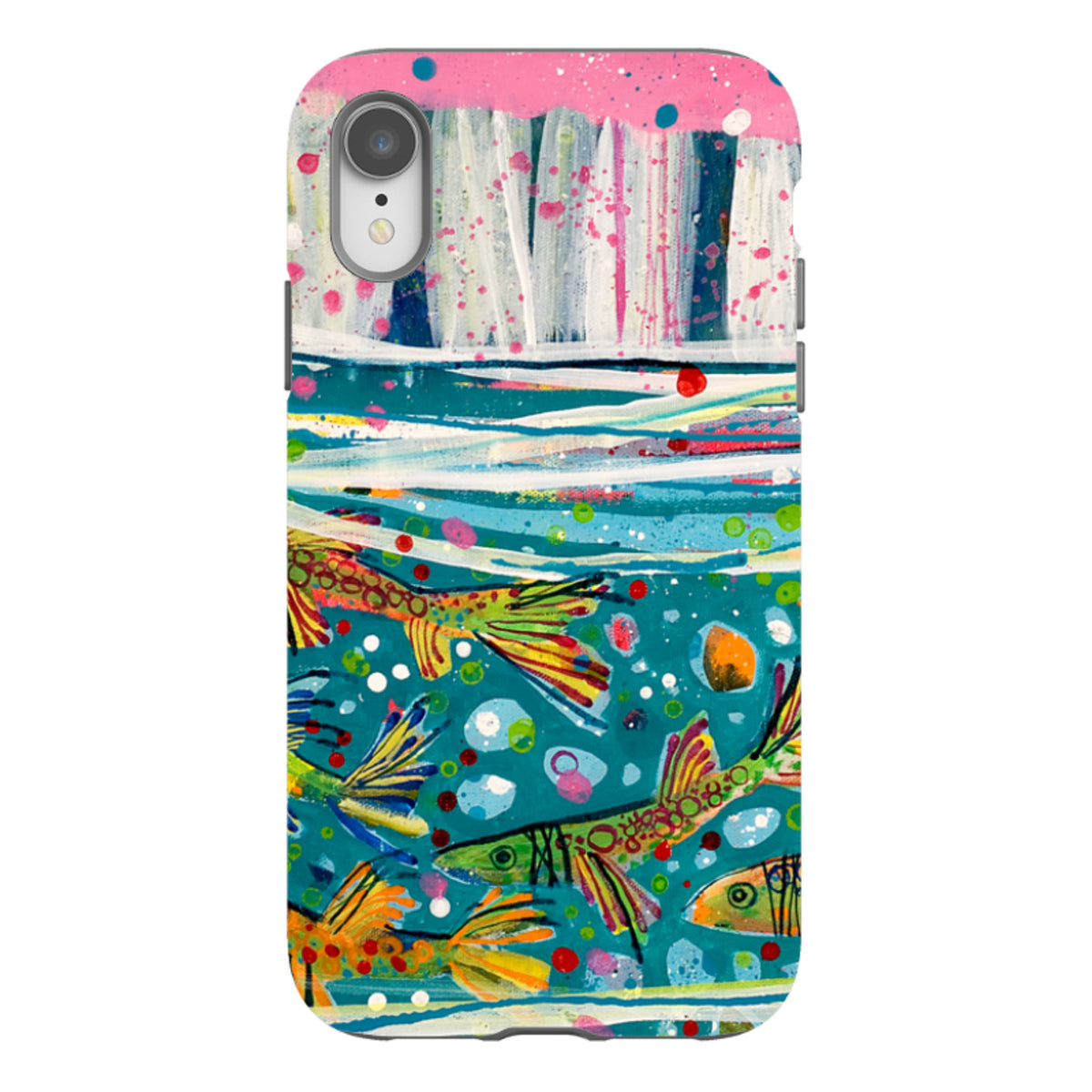 iPhone tough case featuring Claire West's colorful fish artwork with a teal background and vibrant painted details.