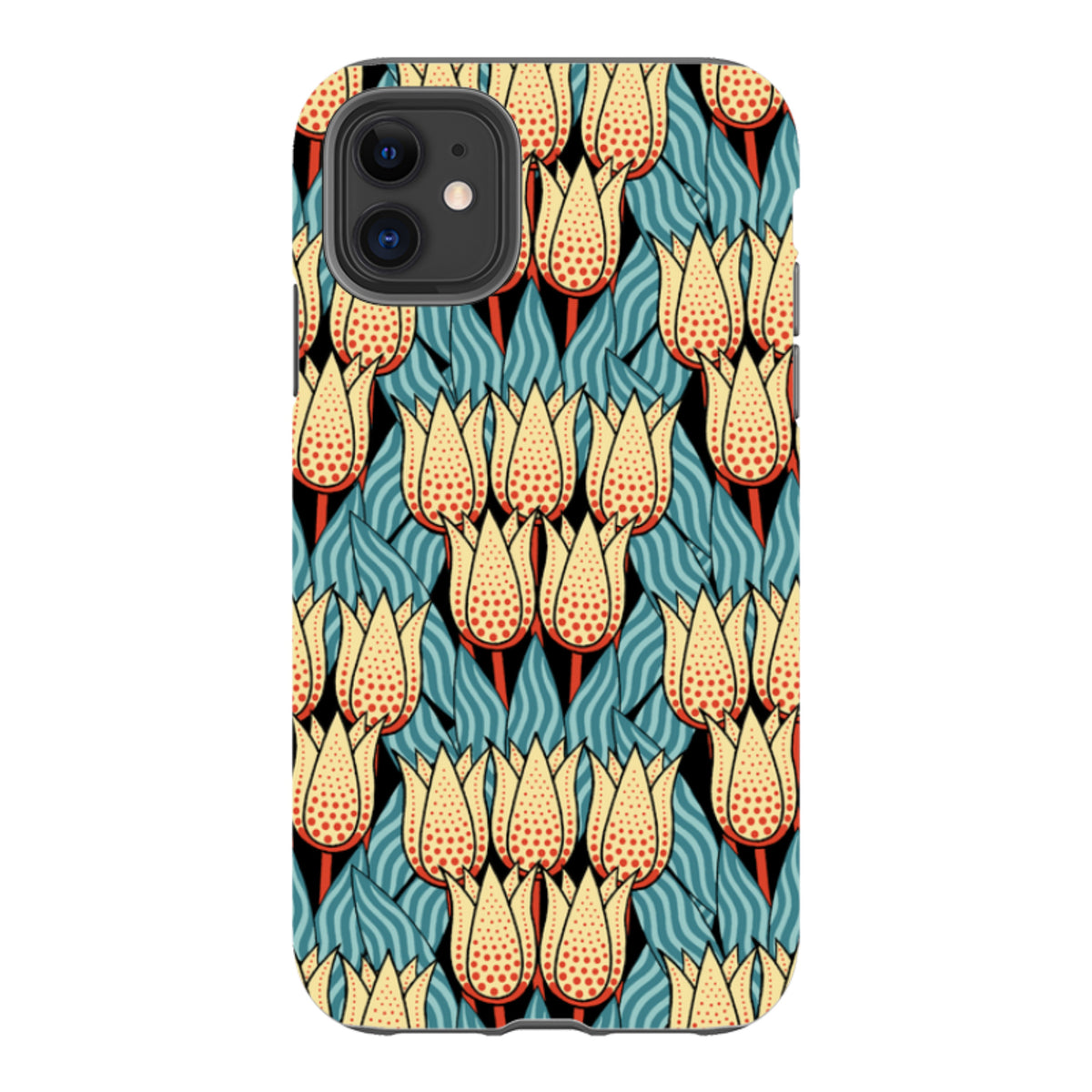 iPhone tough case featuring a Cressida Bell spotty tulip pattern in yellow, red, and blue on a black background.