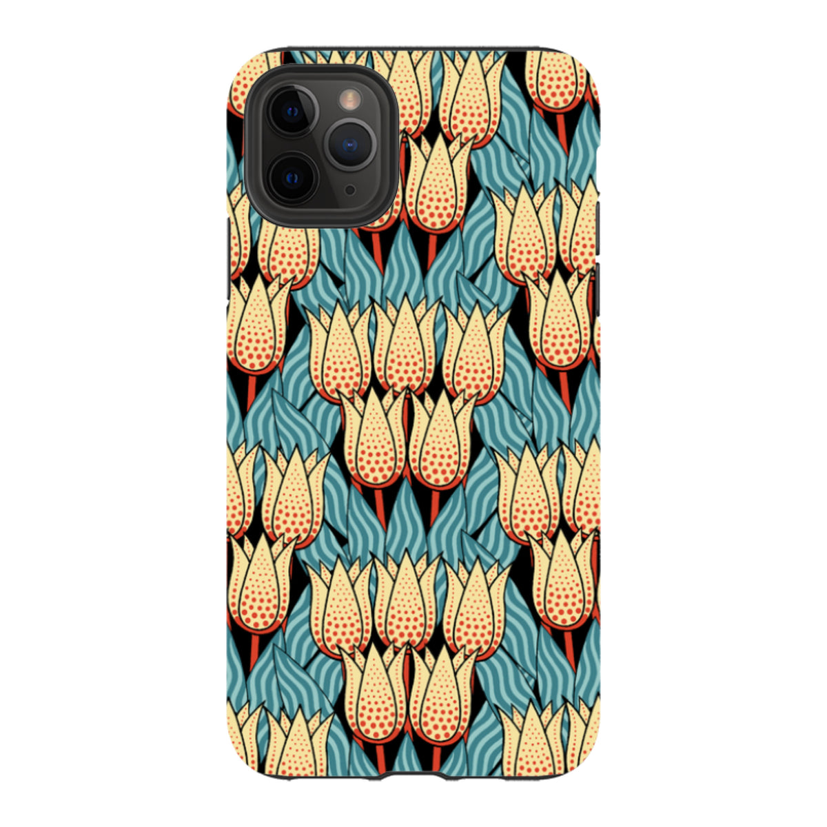 iPhone tough case featuring a Cressida Bell spotty tulip pattern in yellow, red, and blue on a black background.